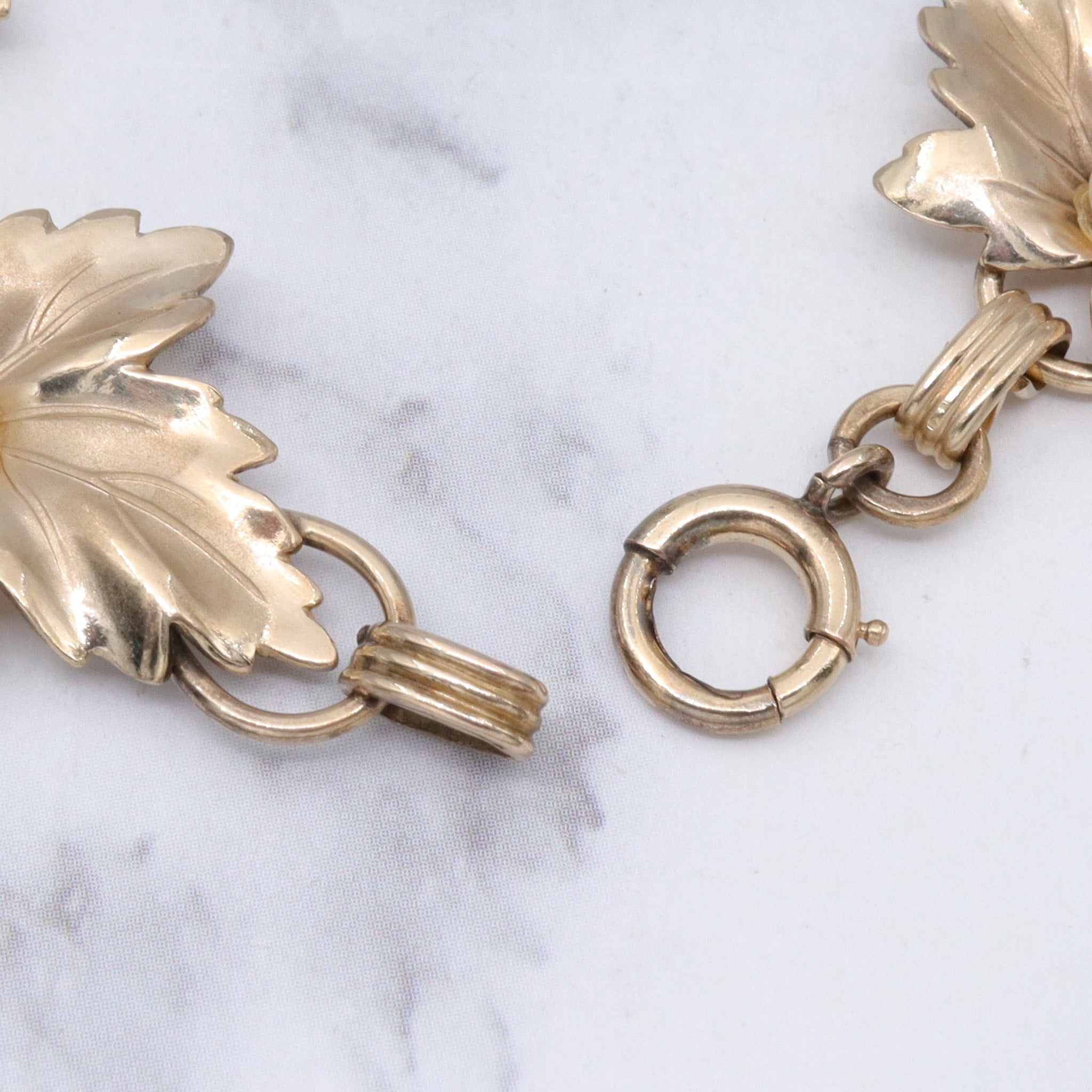 Retro 12k gold-filled maple leaf link bracelet with genuine pearls