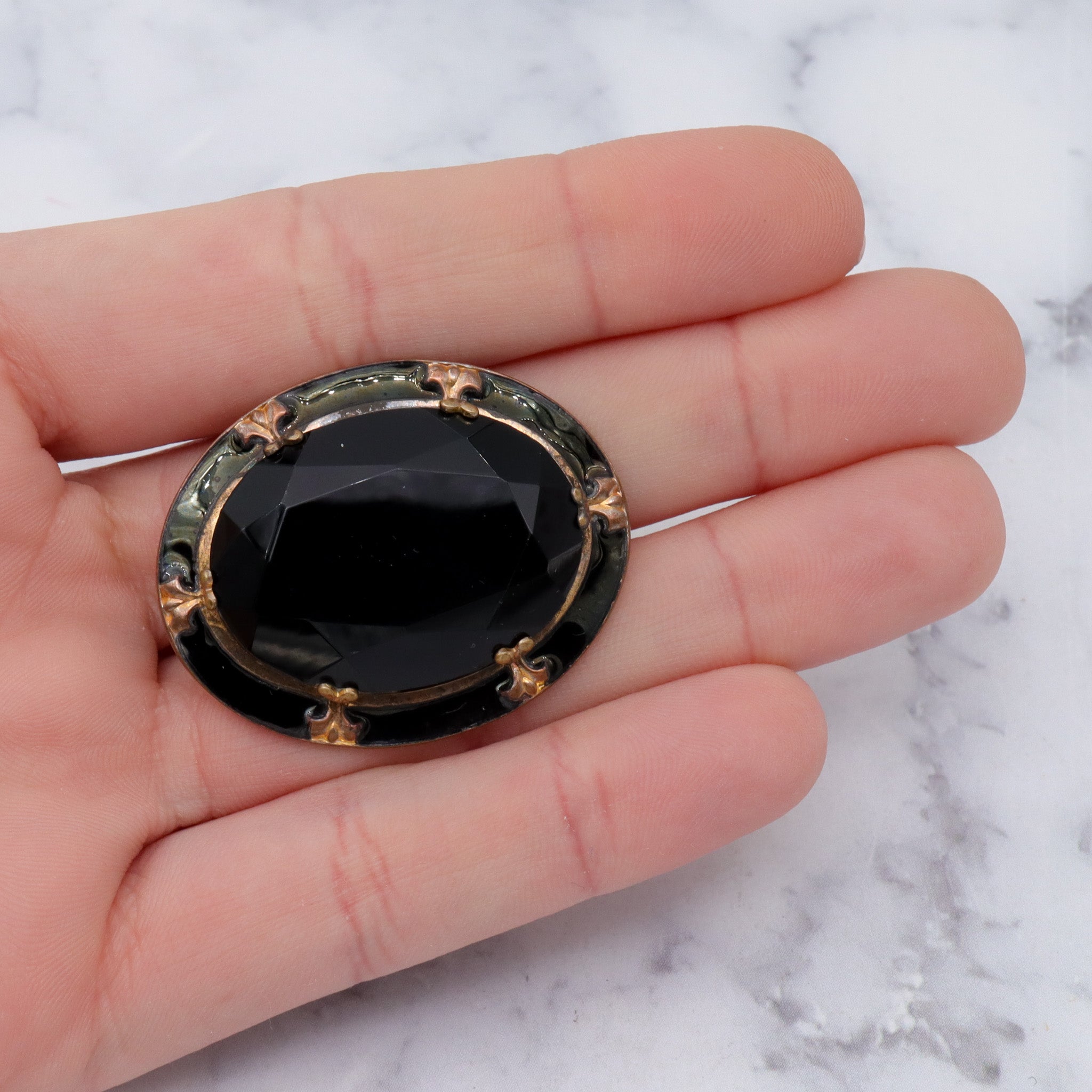 Antique Victorian faceted jet glass, enameled brooch