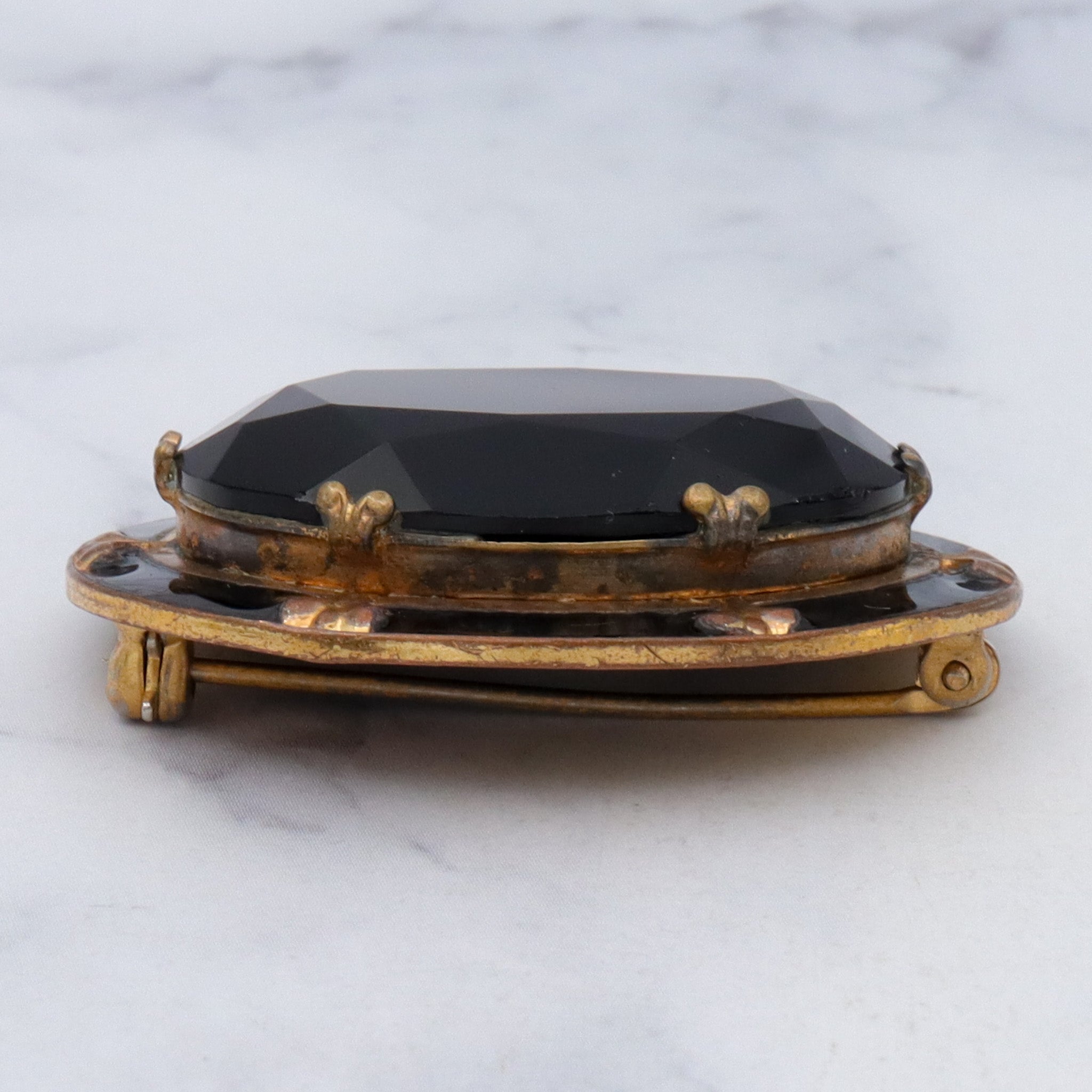 Antique Victorian faceted jet glass, enameled brooch