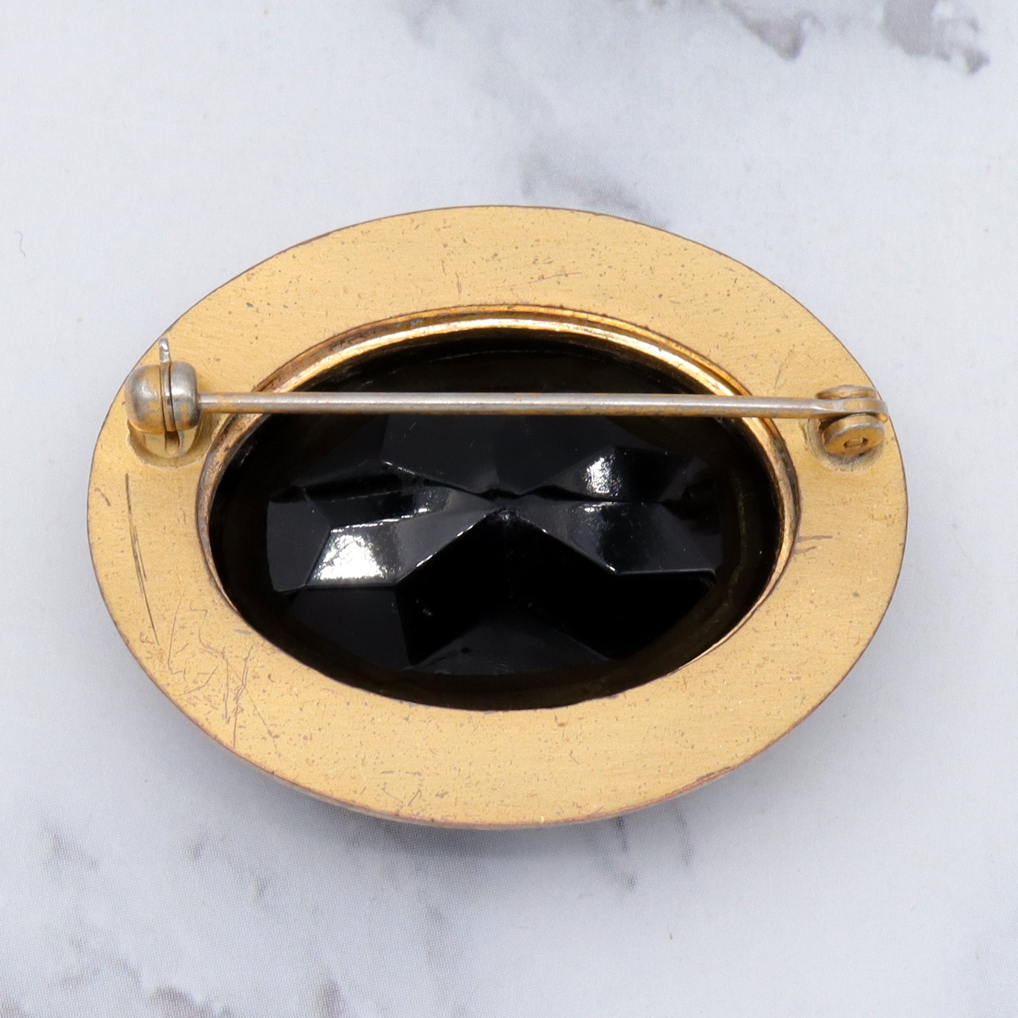 Antique Victorian faceted jet glass, enameled brooch