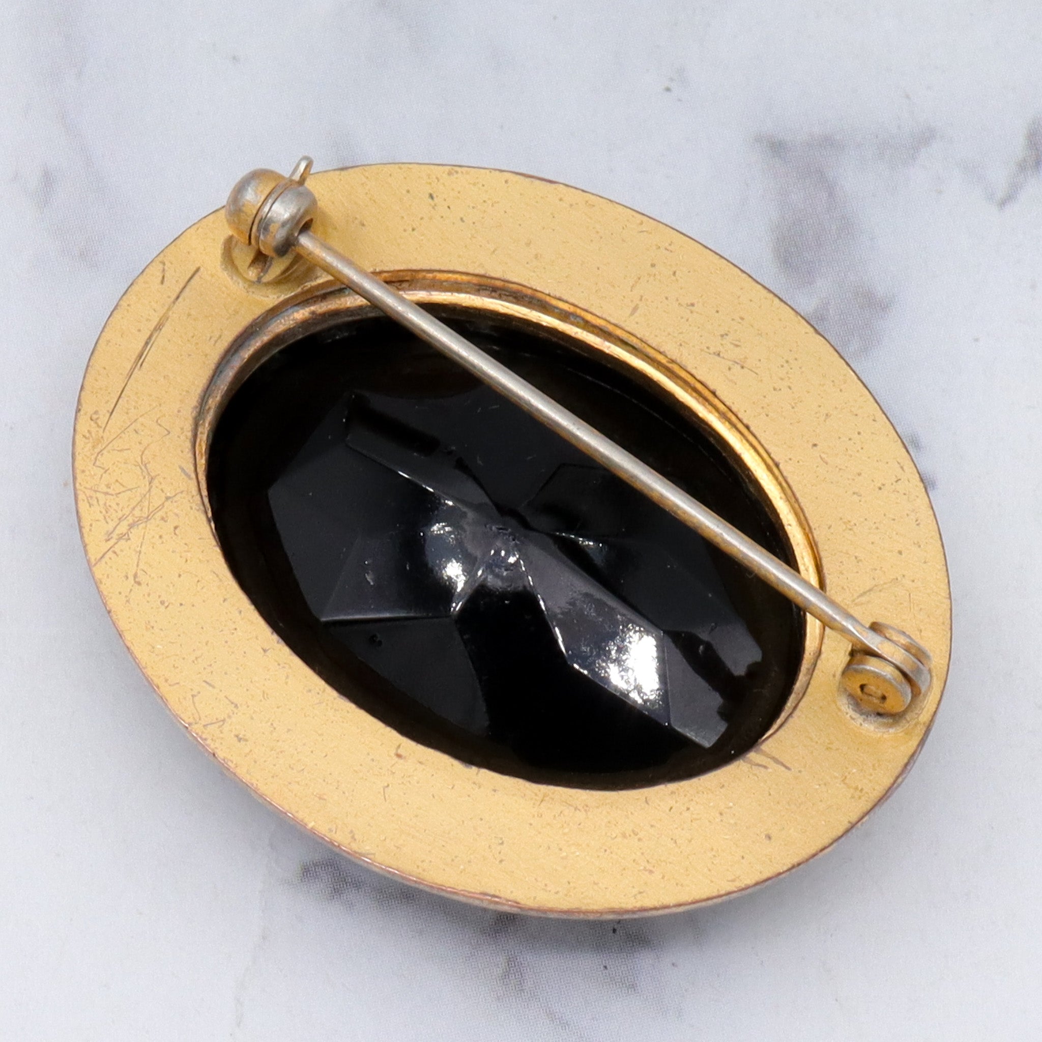Antique Victorian faceted jet glass, enameled brooch