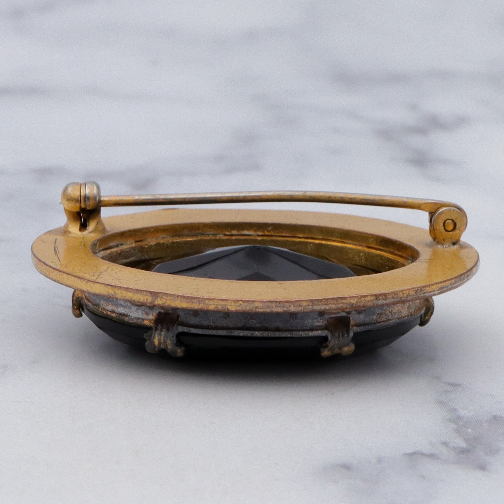 Antique Victorian faceted jet glass, enameled brooch
