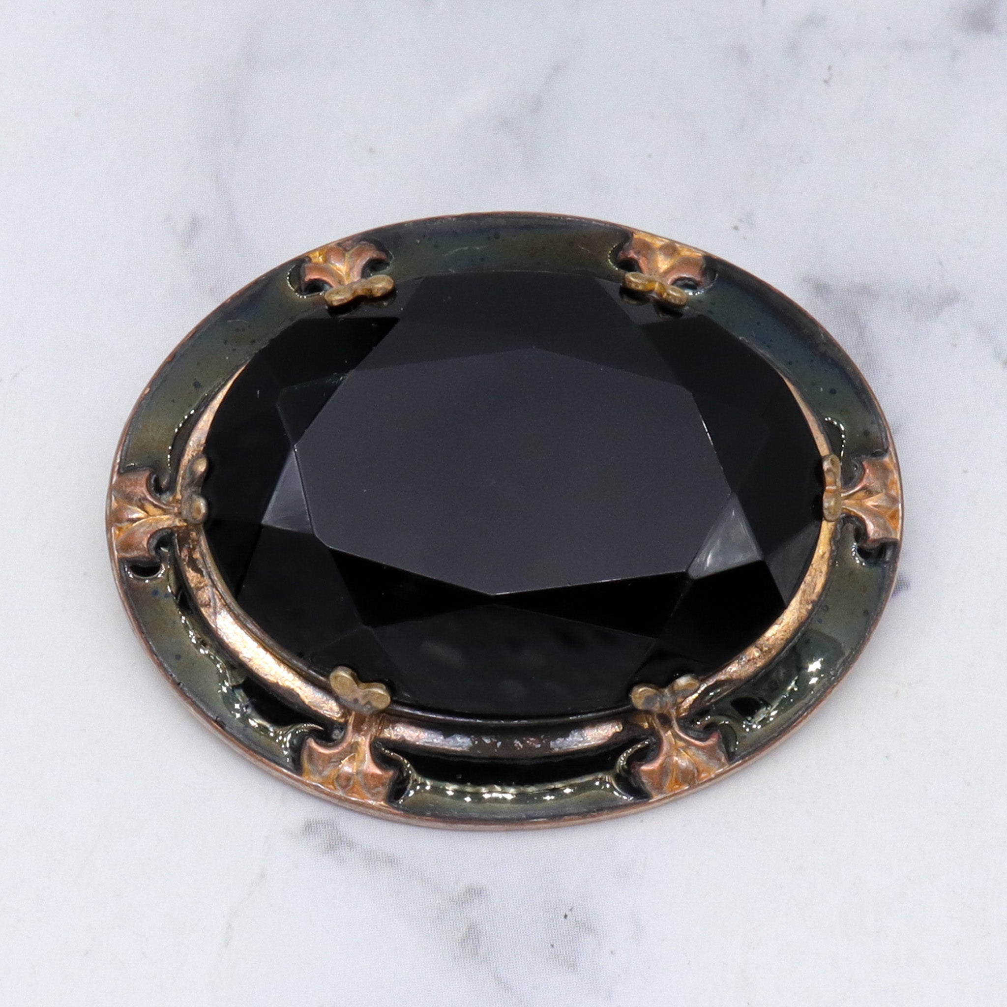 Antique Victorian faceted jet glass, enameled brooch