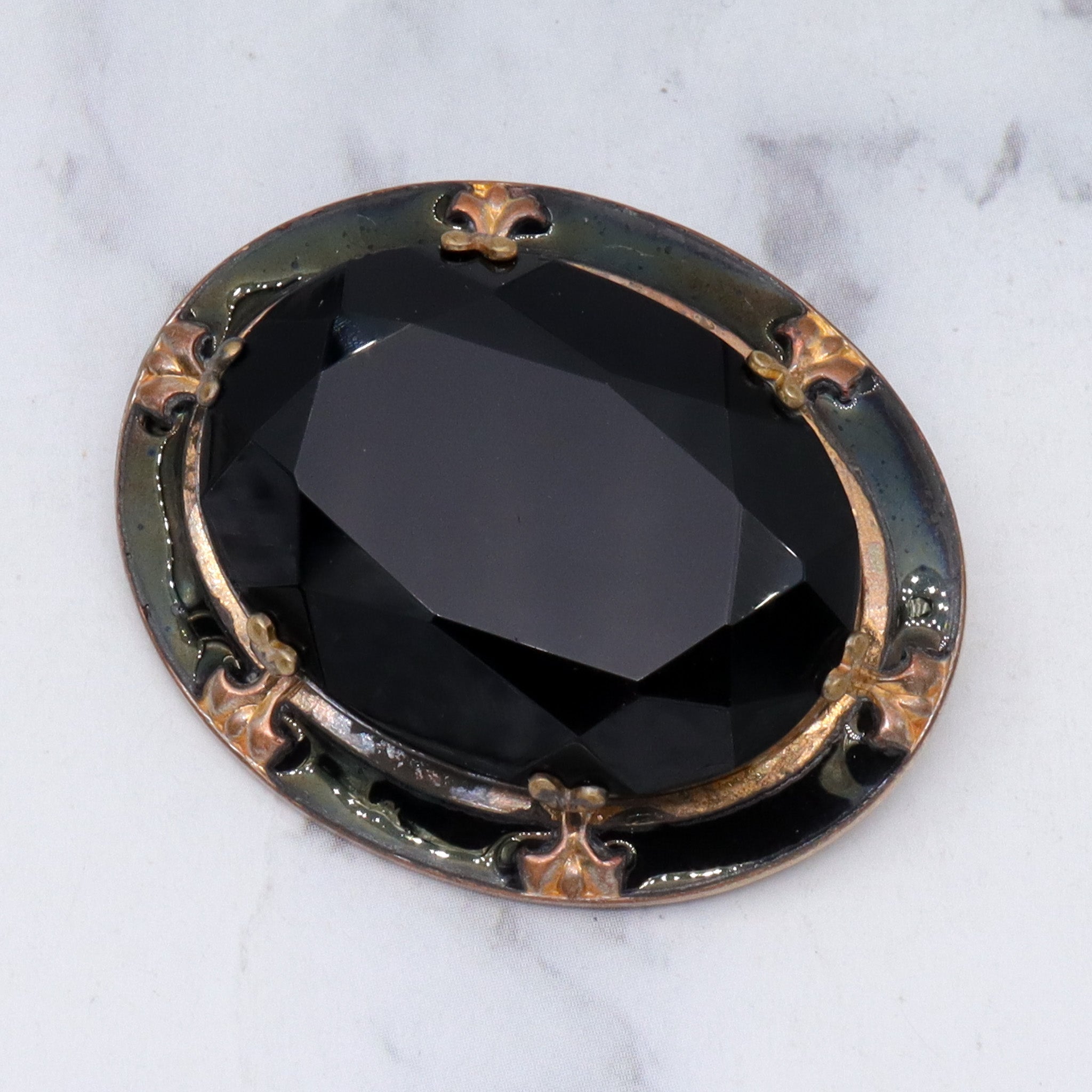 Antique Victorian faceted jet glass, enameled brooch