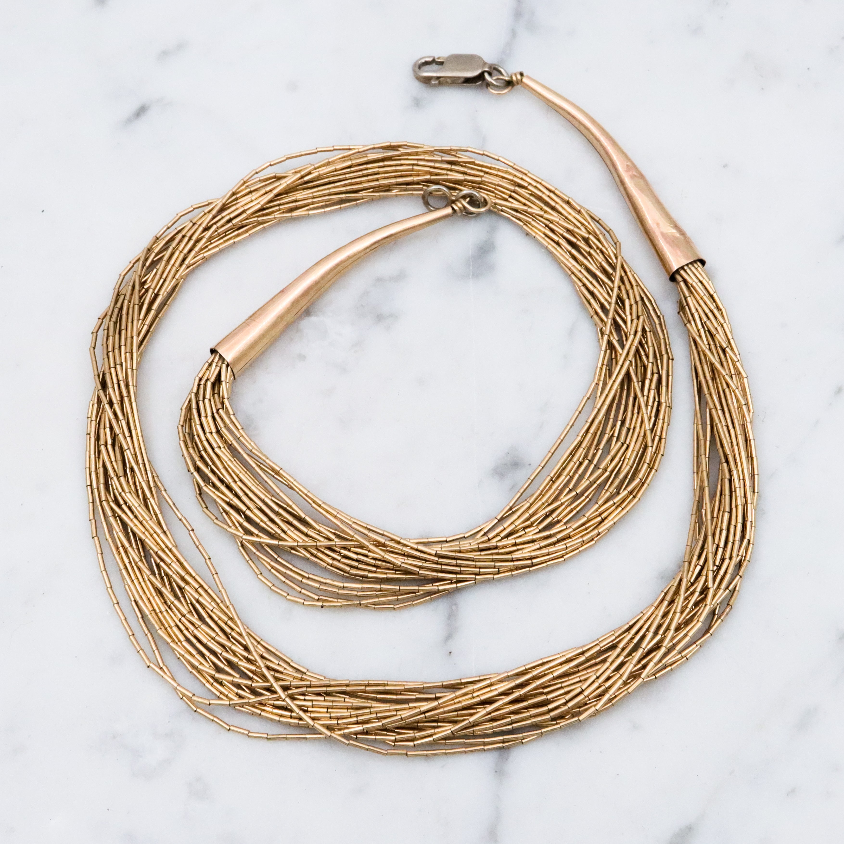 Retro Native American multi strand liquid gold filled necklace, 17"