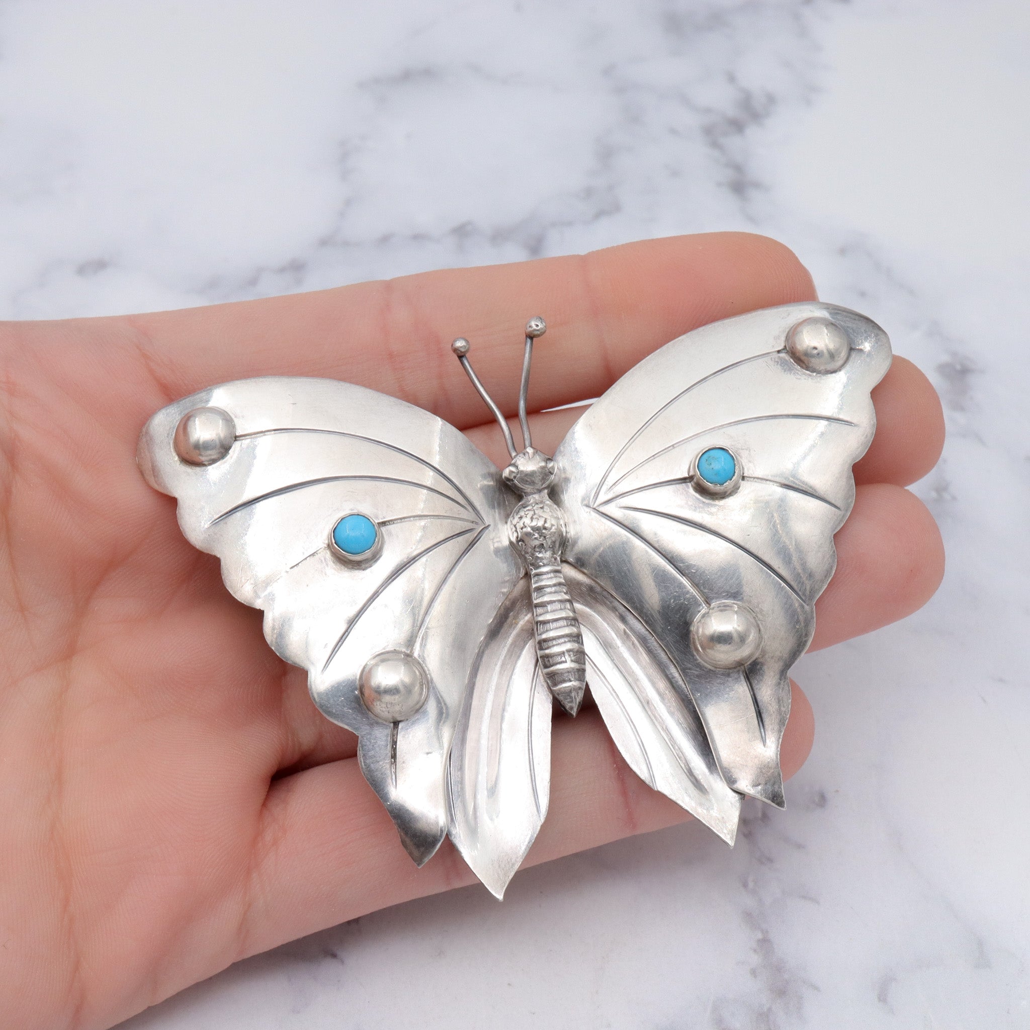 Huge Antique Mexican sterling & faux turquoise butterfly brooch