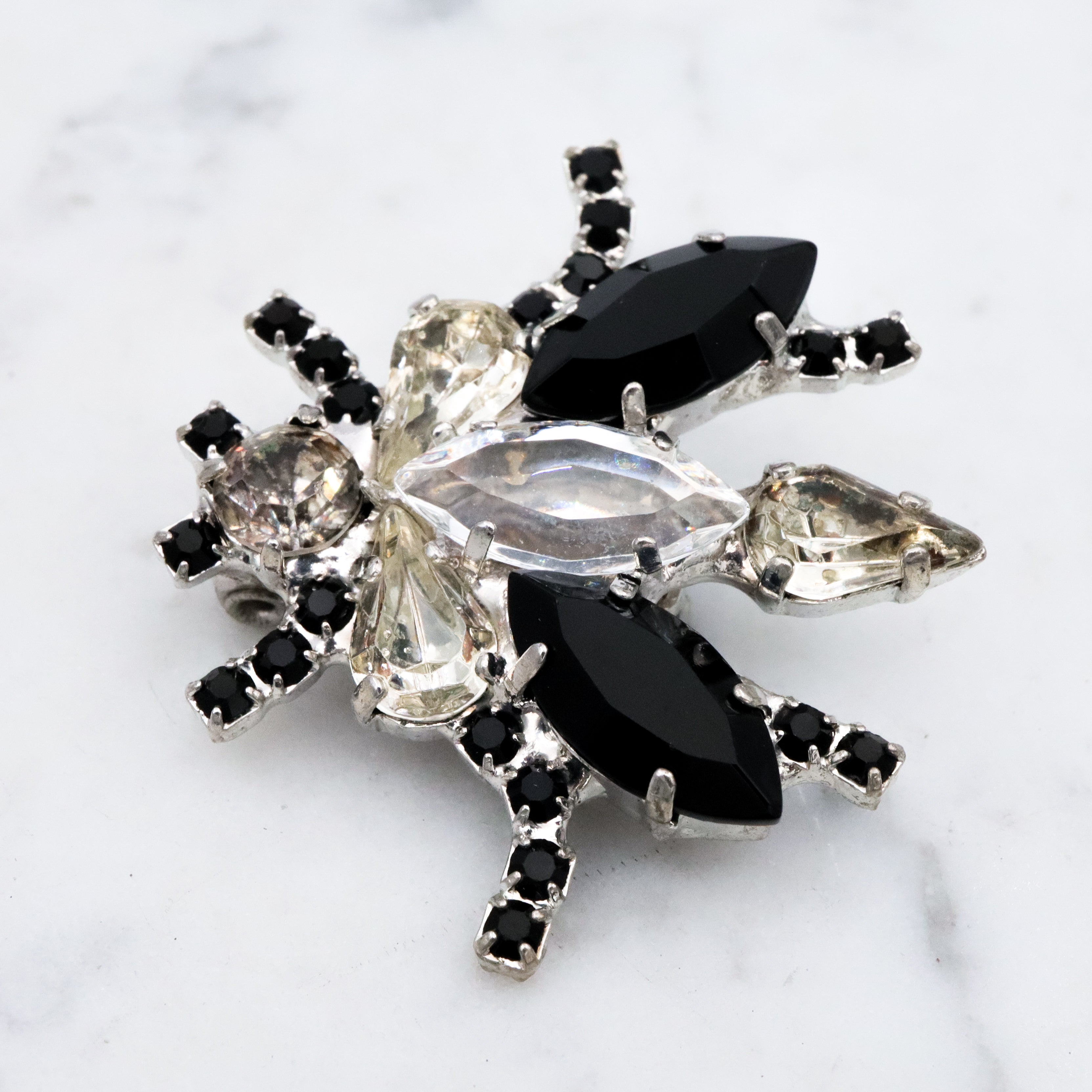 Vintage black & clear rhinestone bug brooch