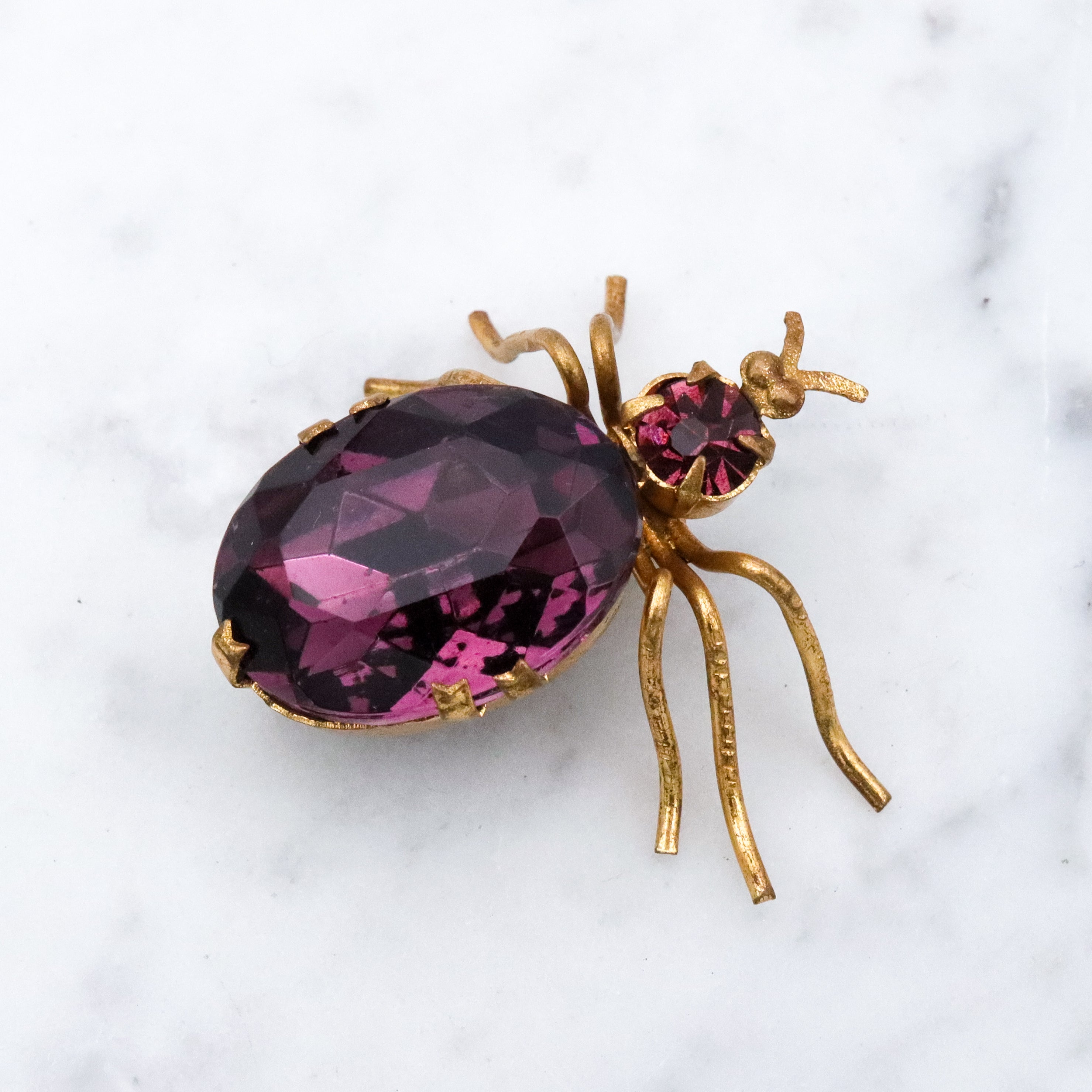 Antique purple rhinestone gilt metal bug brooch