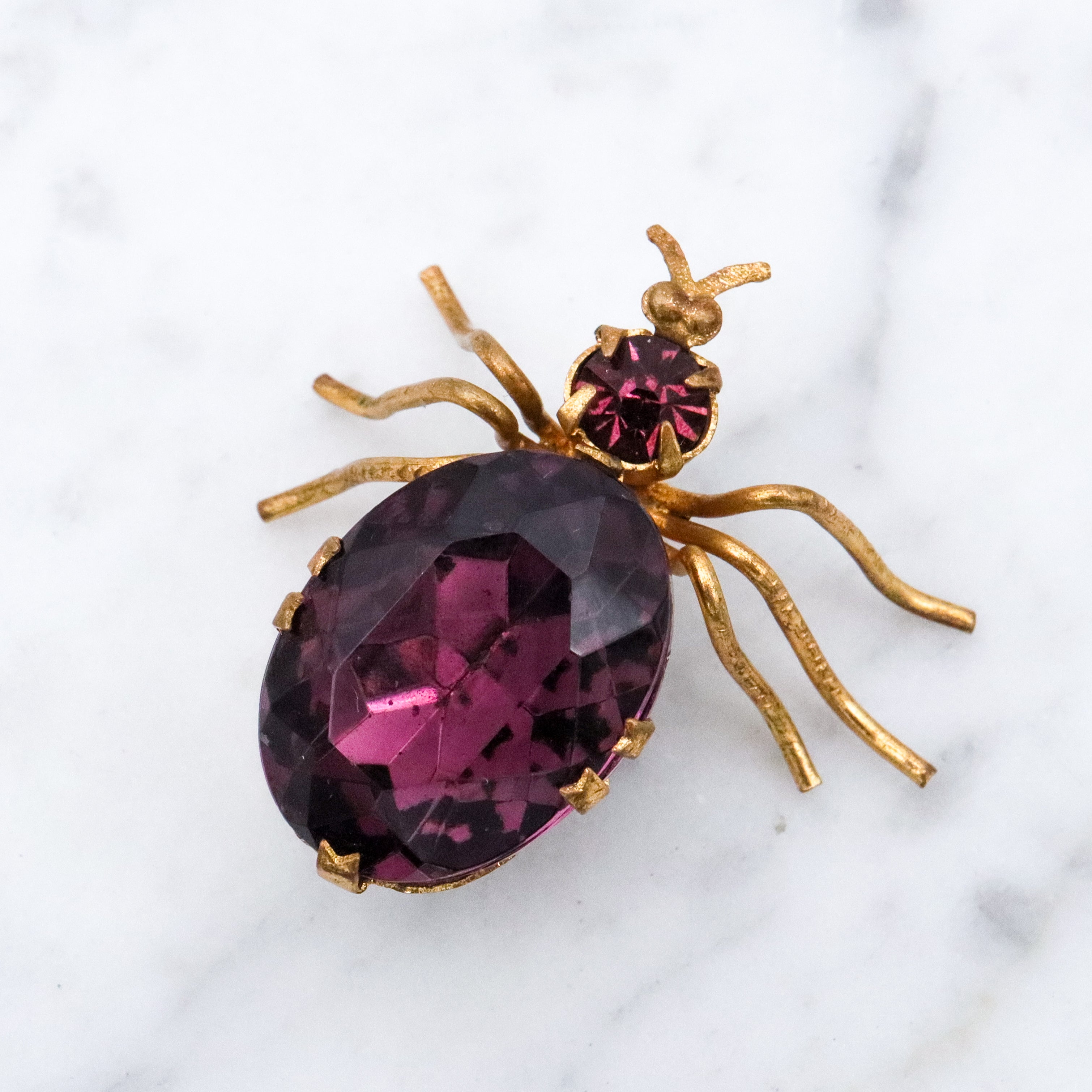 Antique purple rhinestone gilt metal bug brooch