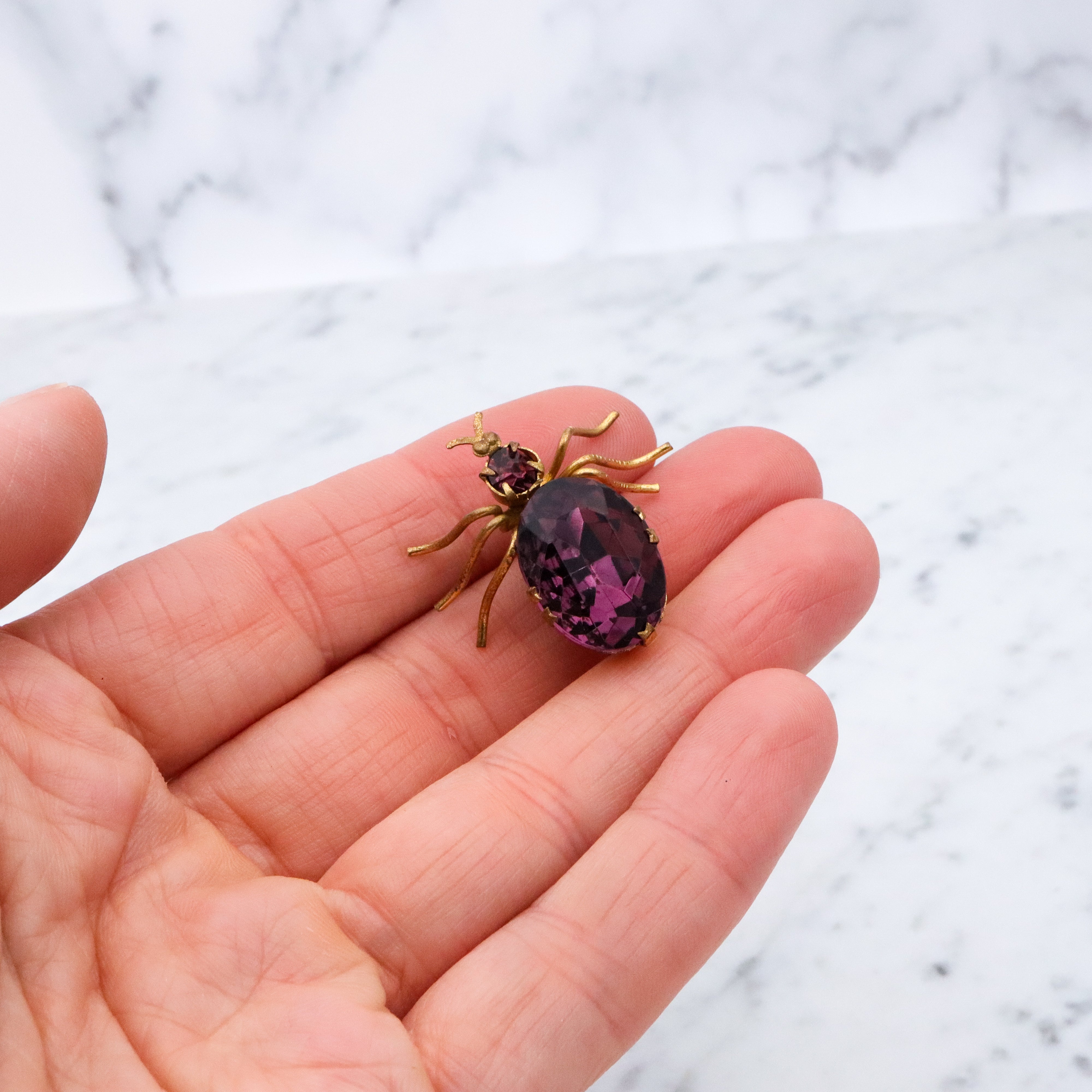 Antique purple rhinestone gilt metal bug brooch