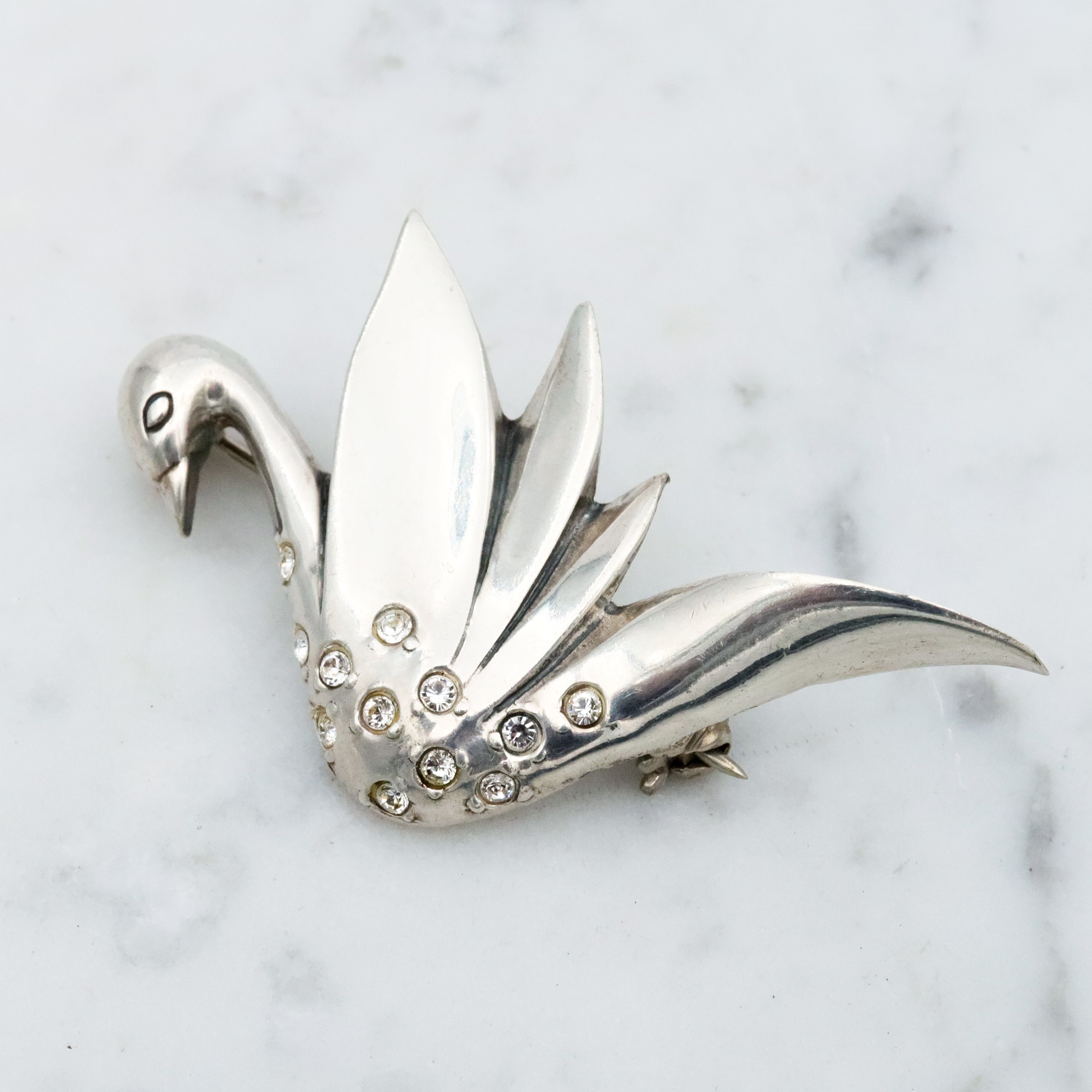 Vintage sterling Jezlaine rhinestone swan brooch