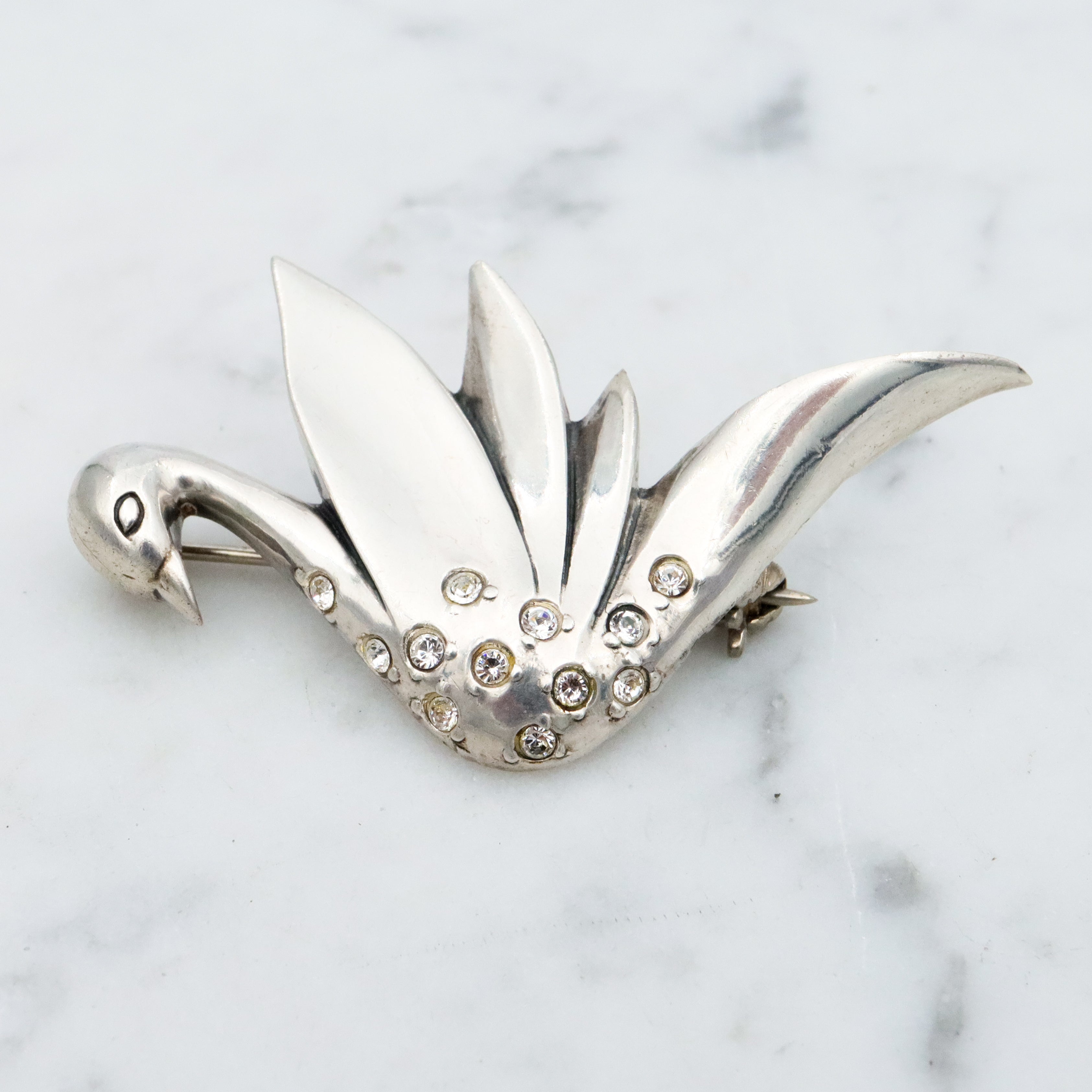 Vintage sterling Jezlaine rhinestone swan brooch
