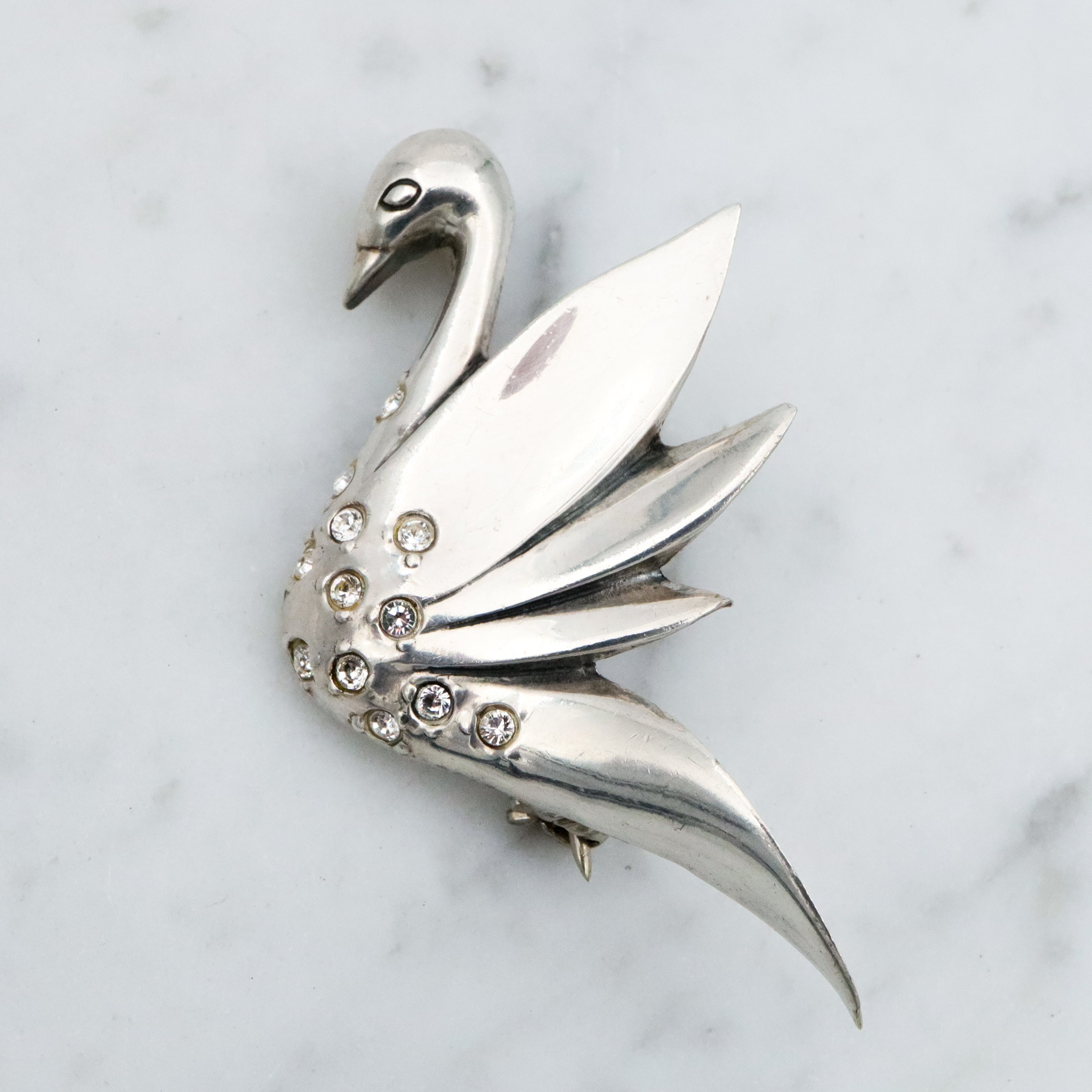 Vintage sterling Jezlaine rhinestone swan brooch