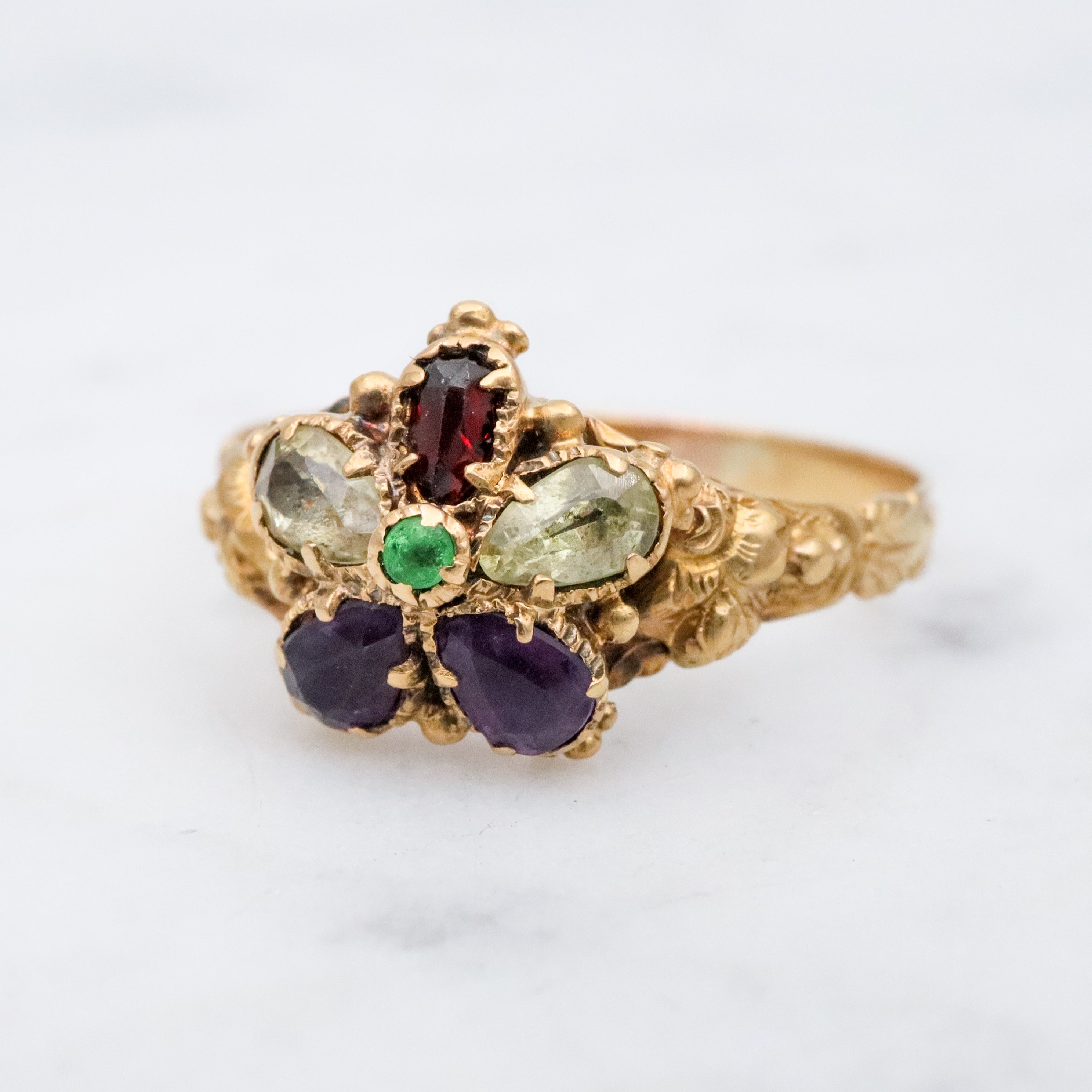 Antique Georgian 18k gold pansy flower multi gemstone ring, size 7