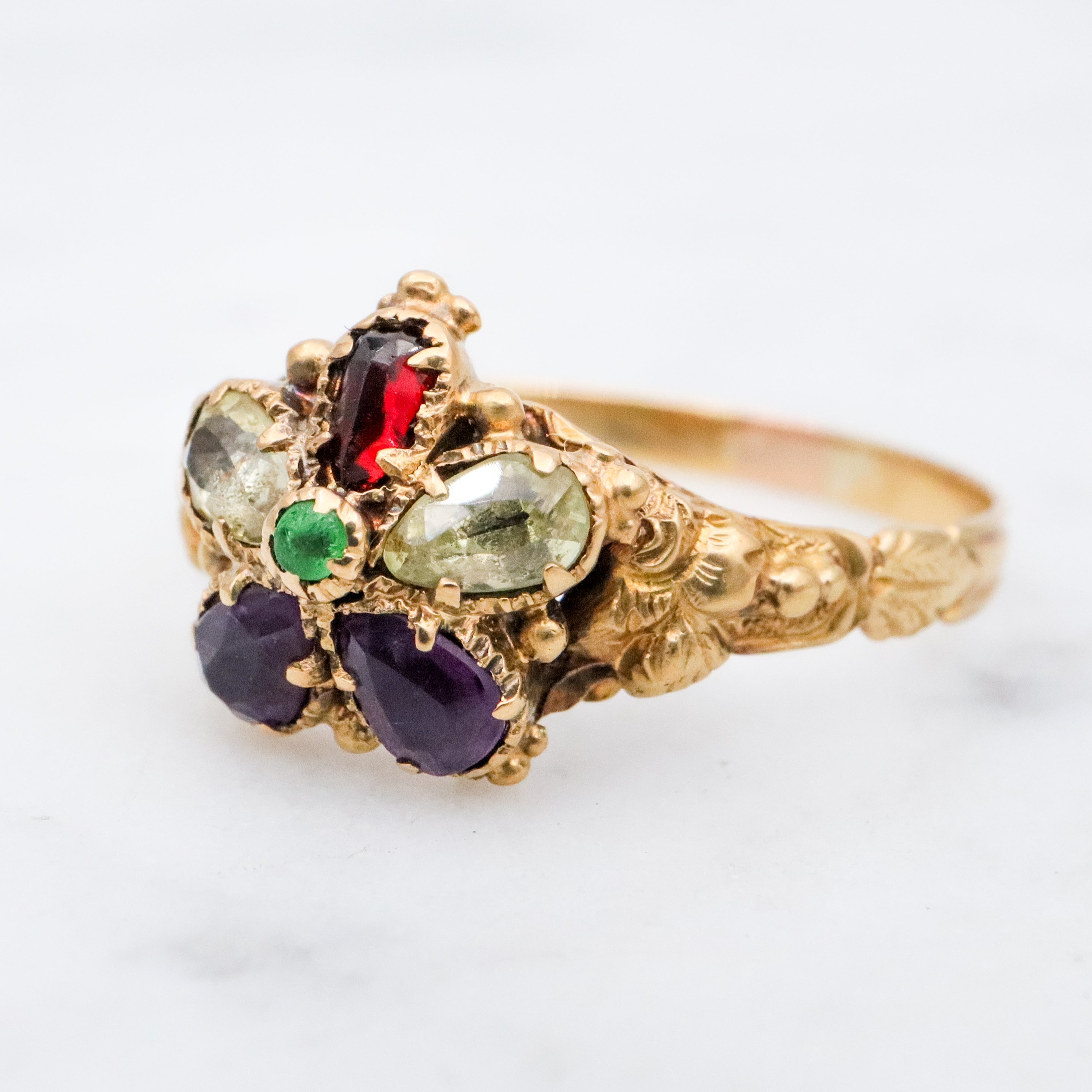 Antique Georgian 18k gold pansy flower multi gemstone ring, size 7