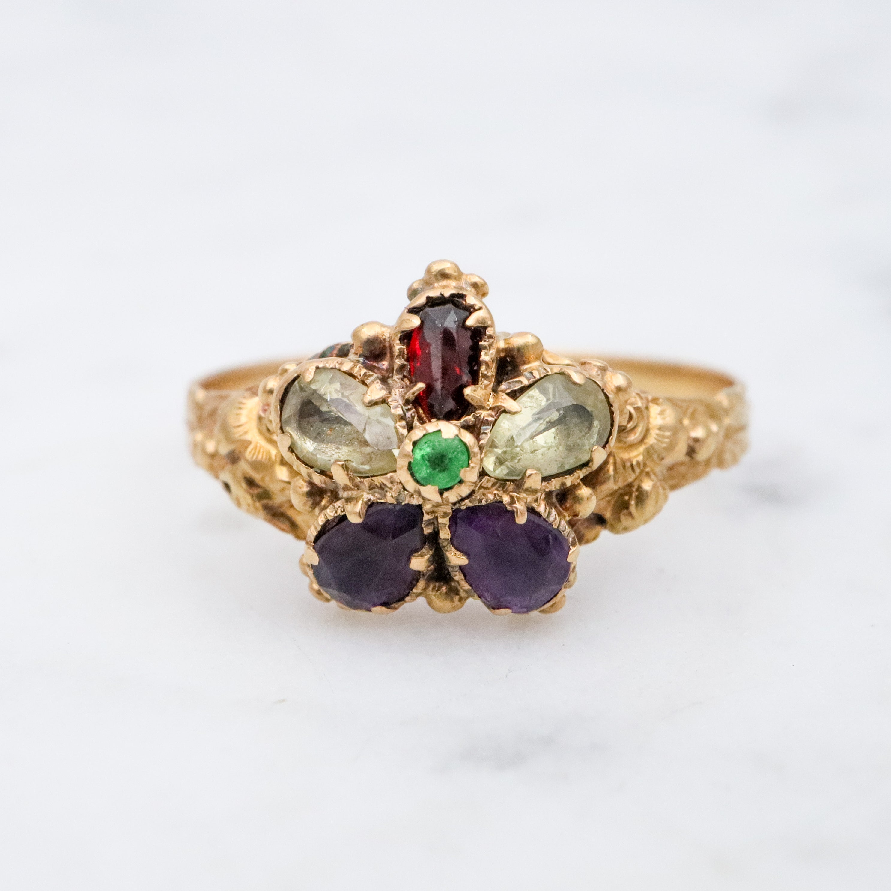 Antique Georgian 18k gold pansy flower multi gemstone ring, size 7