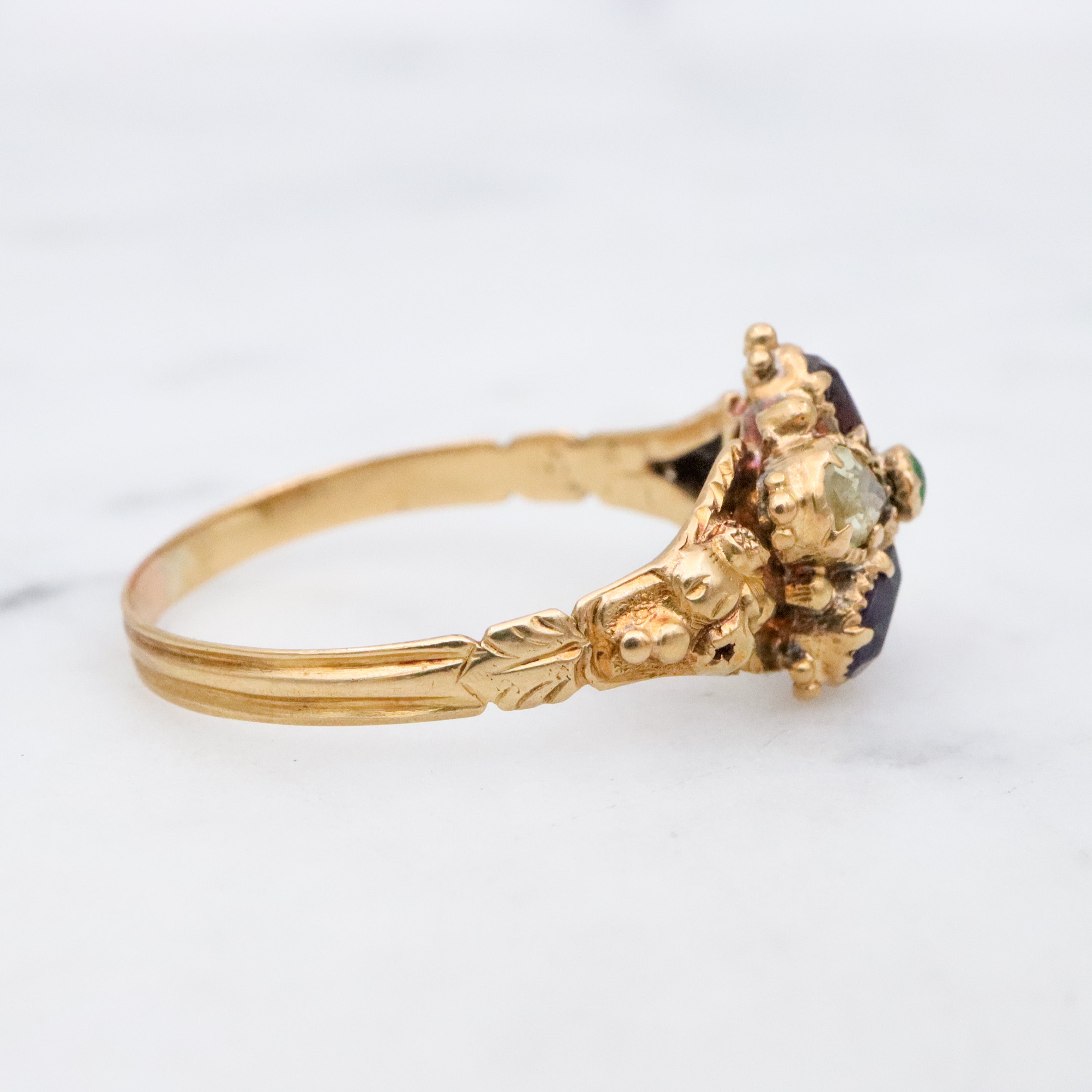 Antique Georgian 18k gold pansy flower multi gemstone ring, size 7