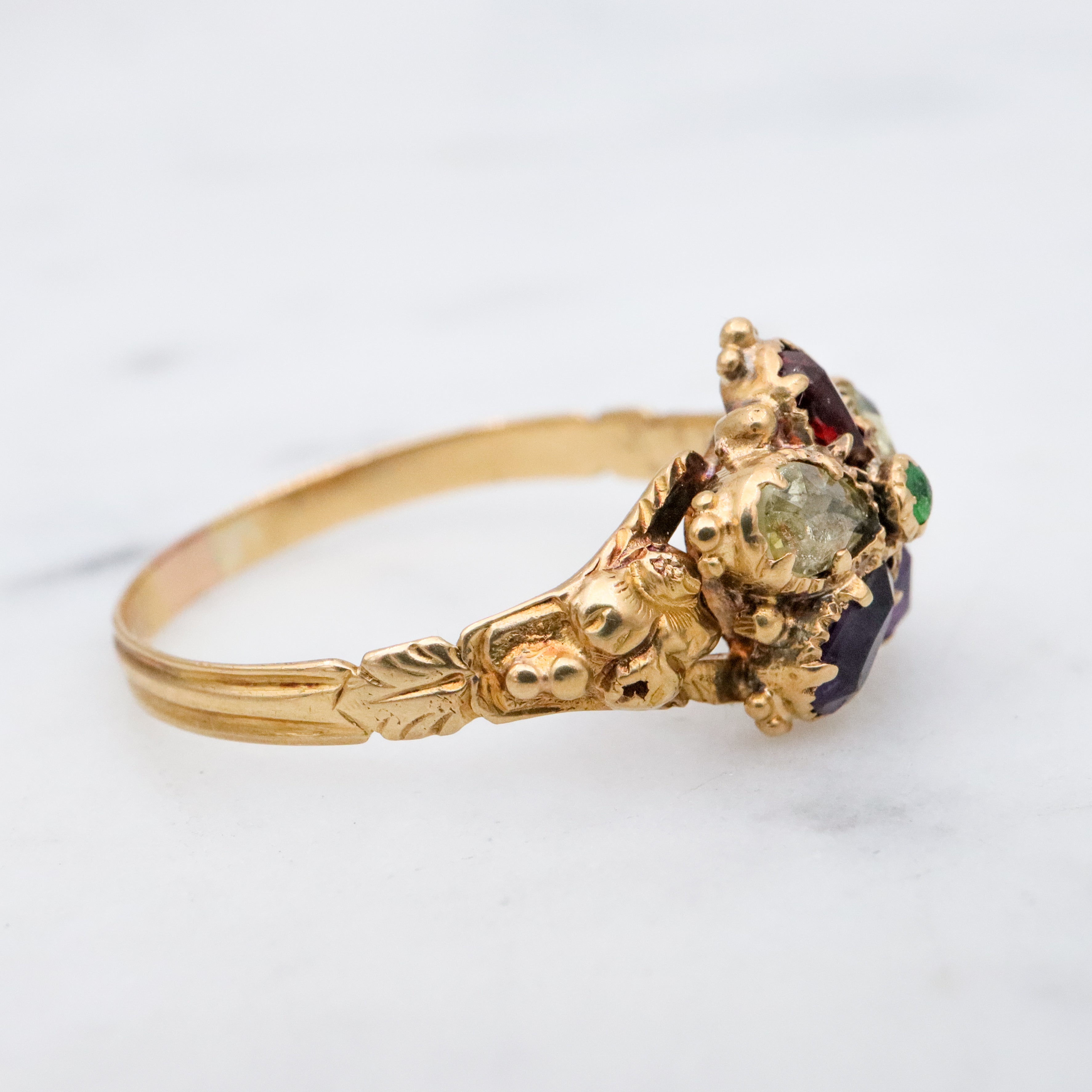 Antique Georgian 18k gold pansy flower multi gemstone ring, size 7