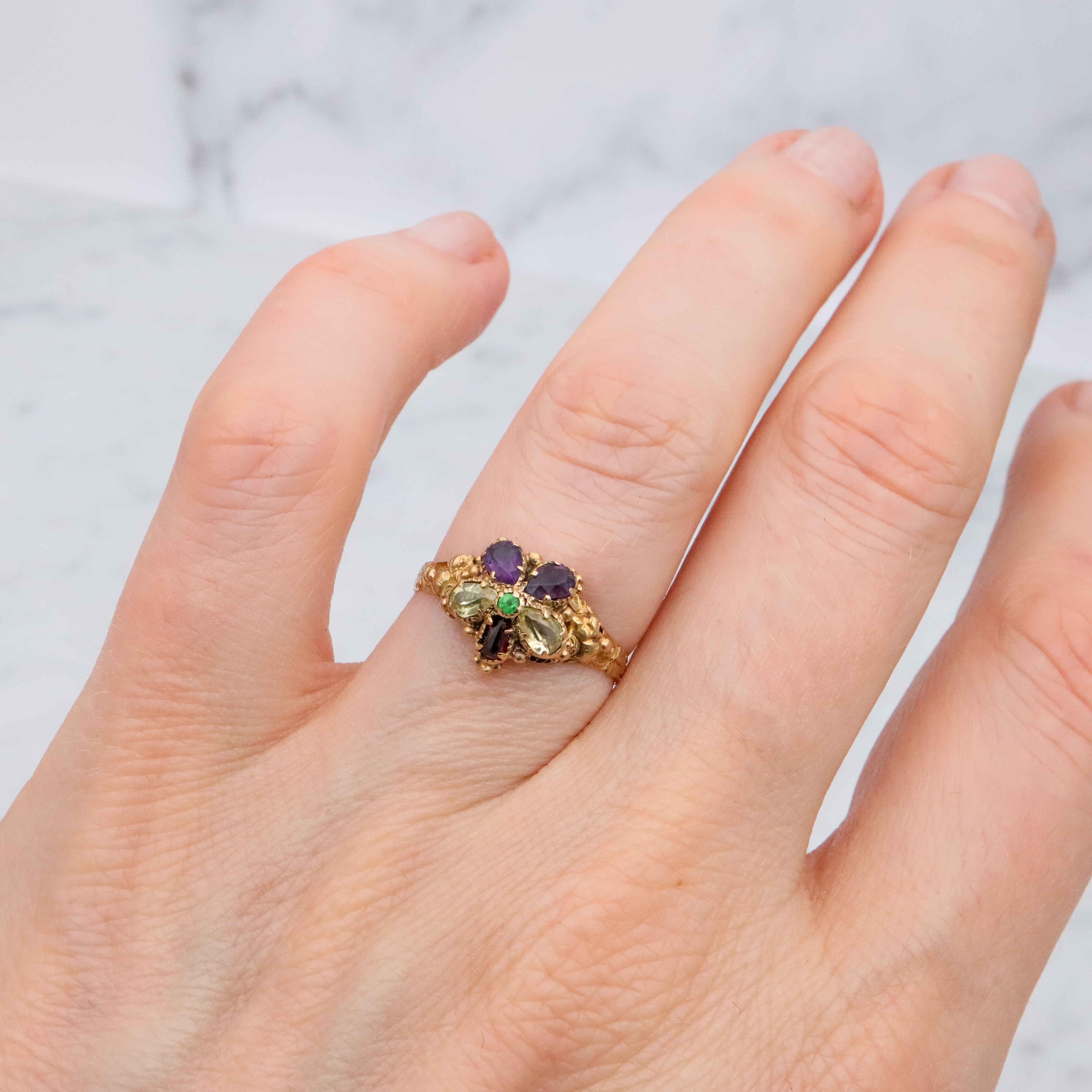 Antique Georgian 18k gold pansy flower multi gemstone ring, size 7