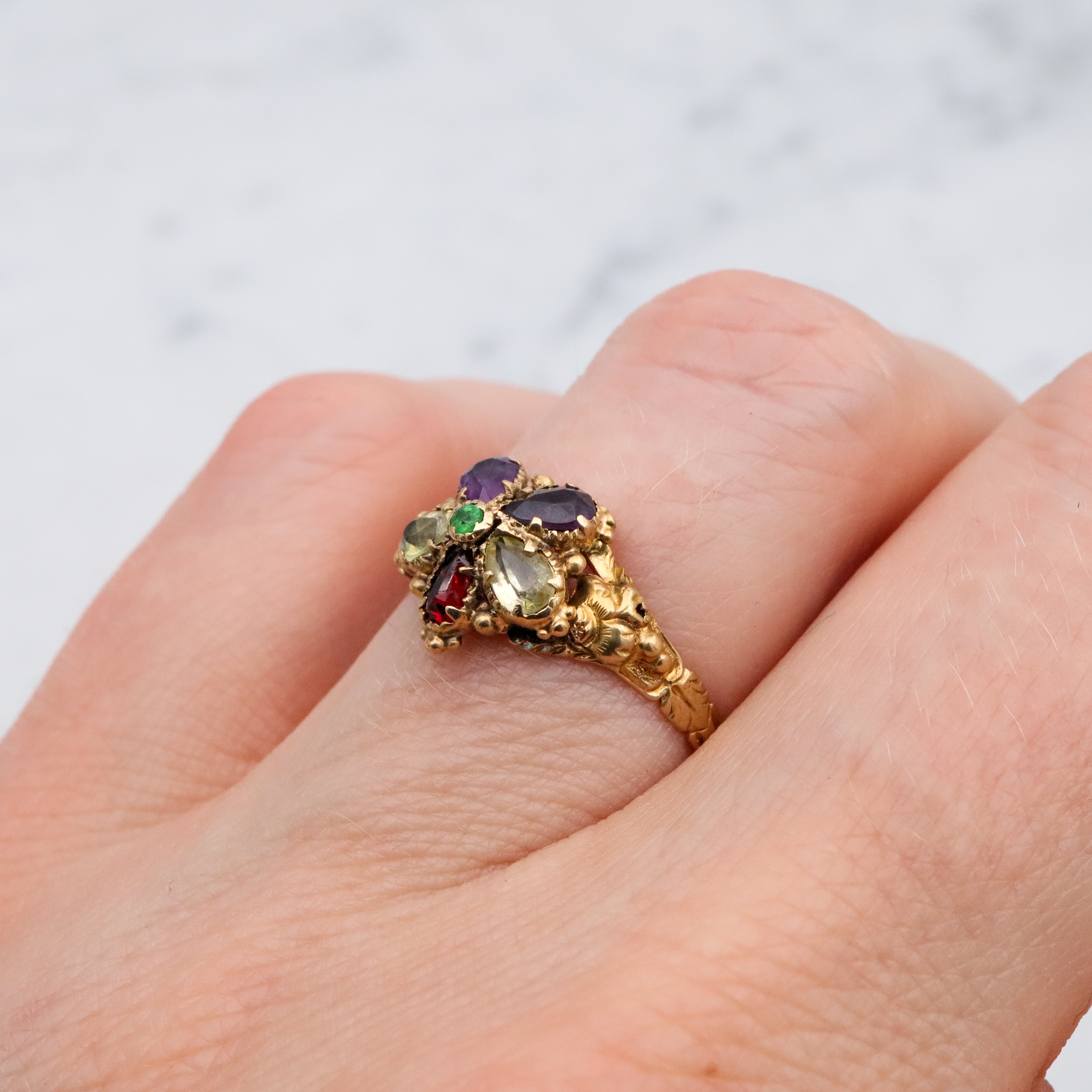 Antique Georgian 18k gold pansy flower multi gemstone ring, size 7