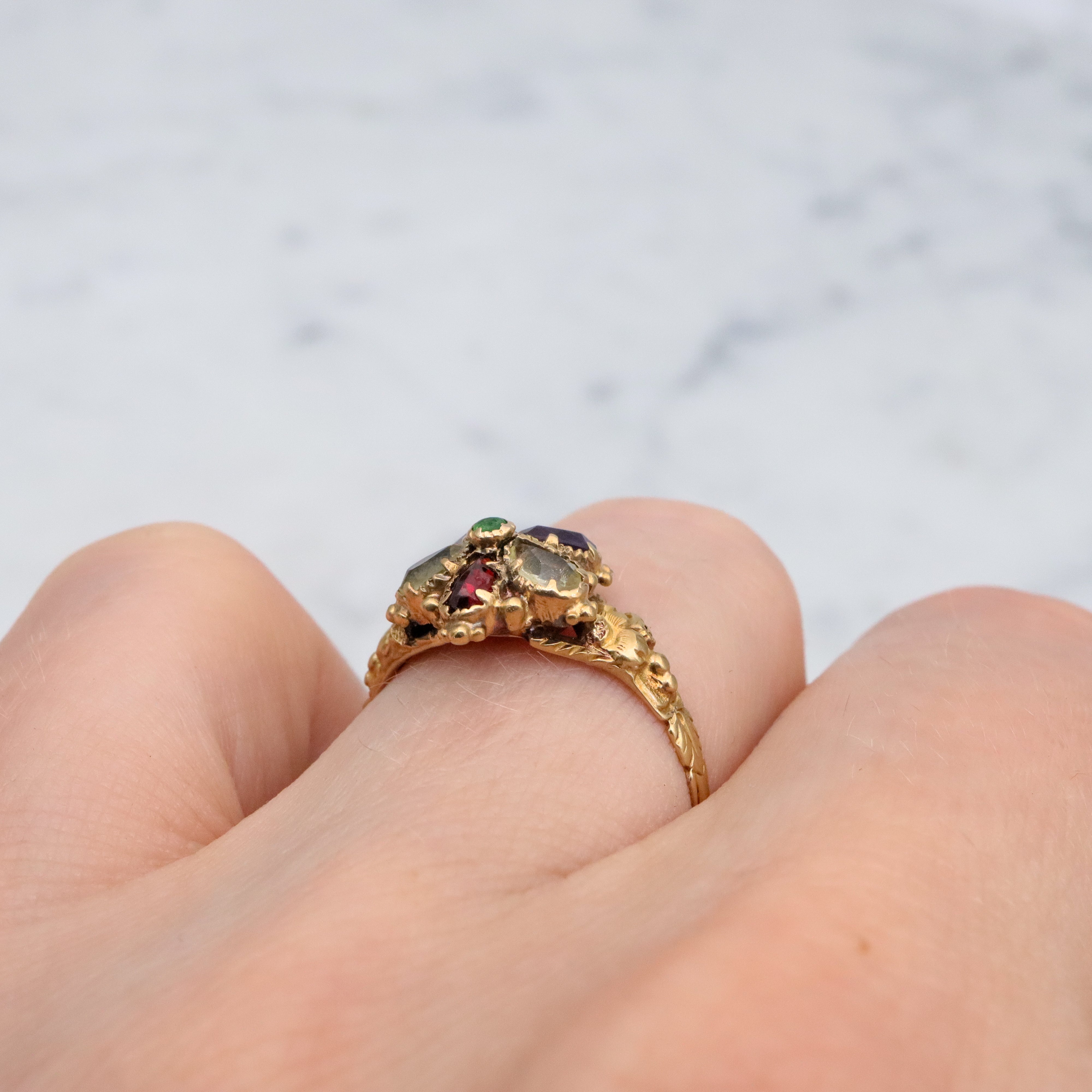 Antique Georgian 18k gold pansy flower multi gemstone ring, size 7