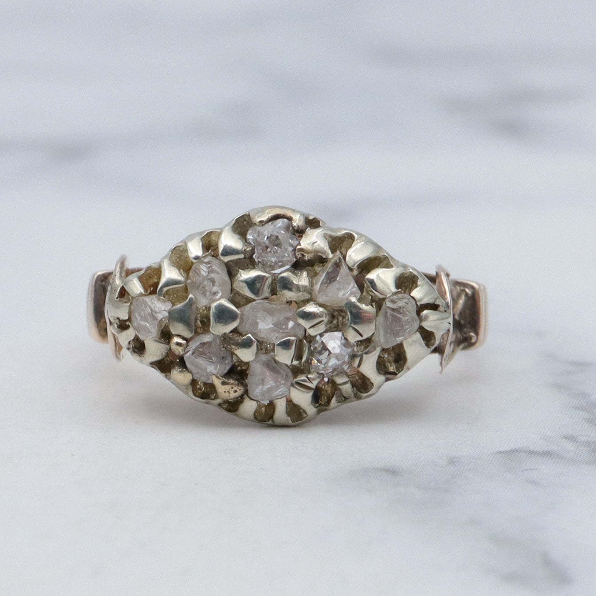 Antique Victorian white & yellow 10k gold rose cut diamond cluster ring, sz 5.75
