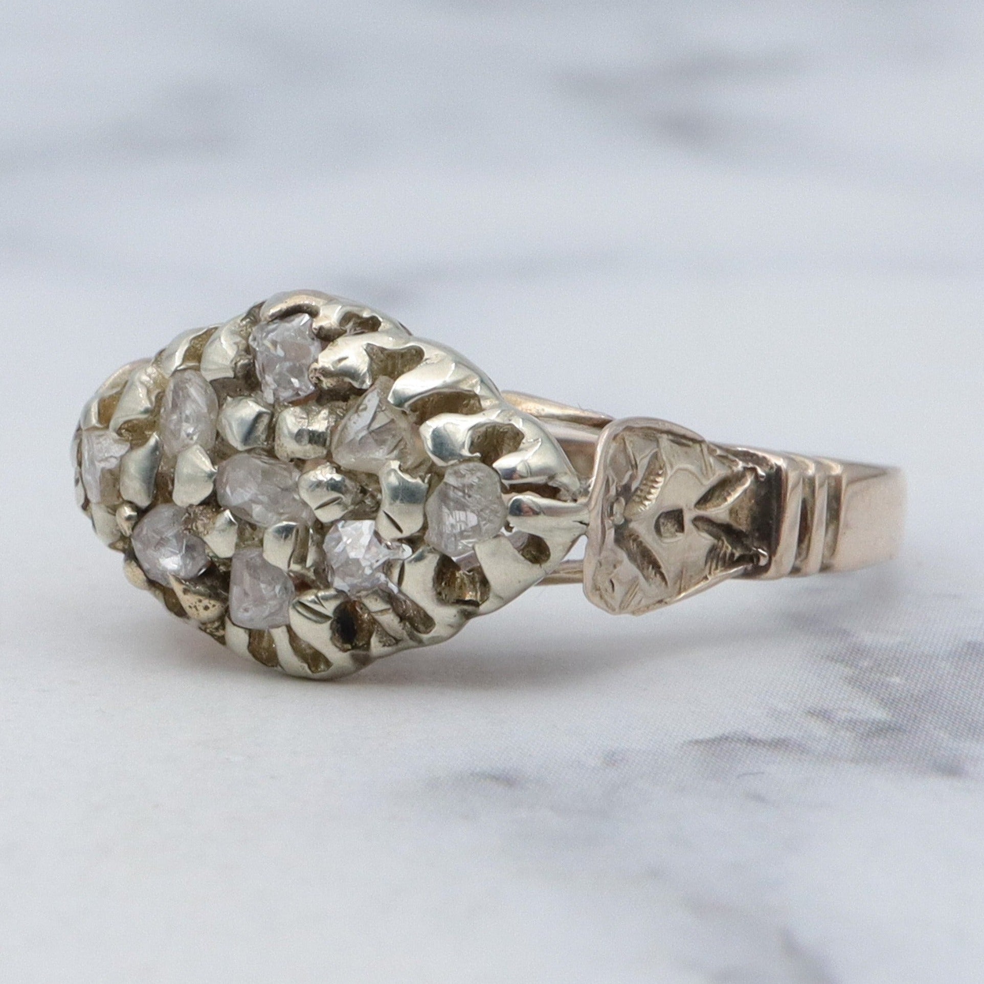 Antique Victorian white & yellow 10k gold rose cut diamond cluster ring, sz 5.75