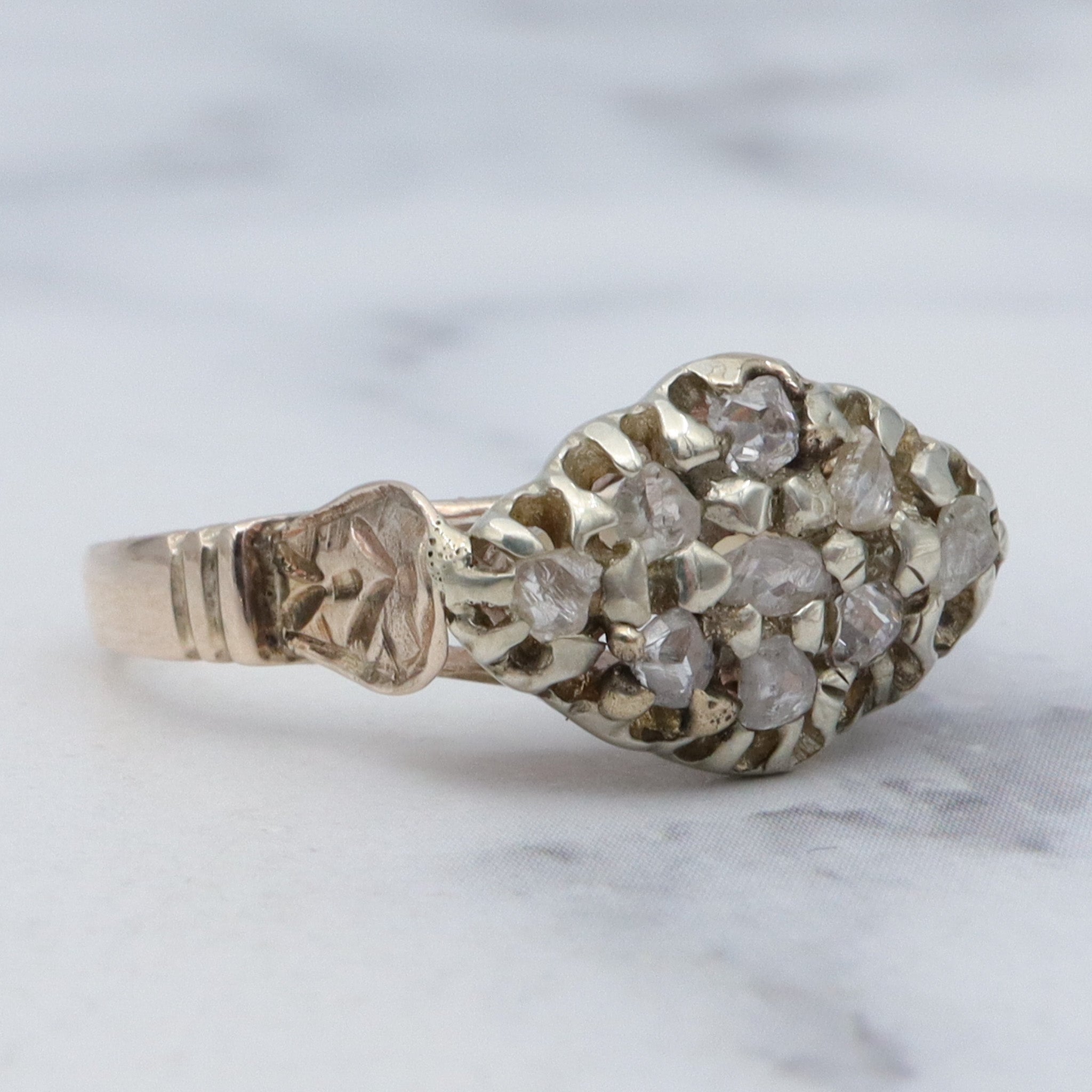 Antique Victorian white & yellow 10k gold rose cut diamond cluster ring, sz 5.75