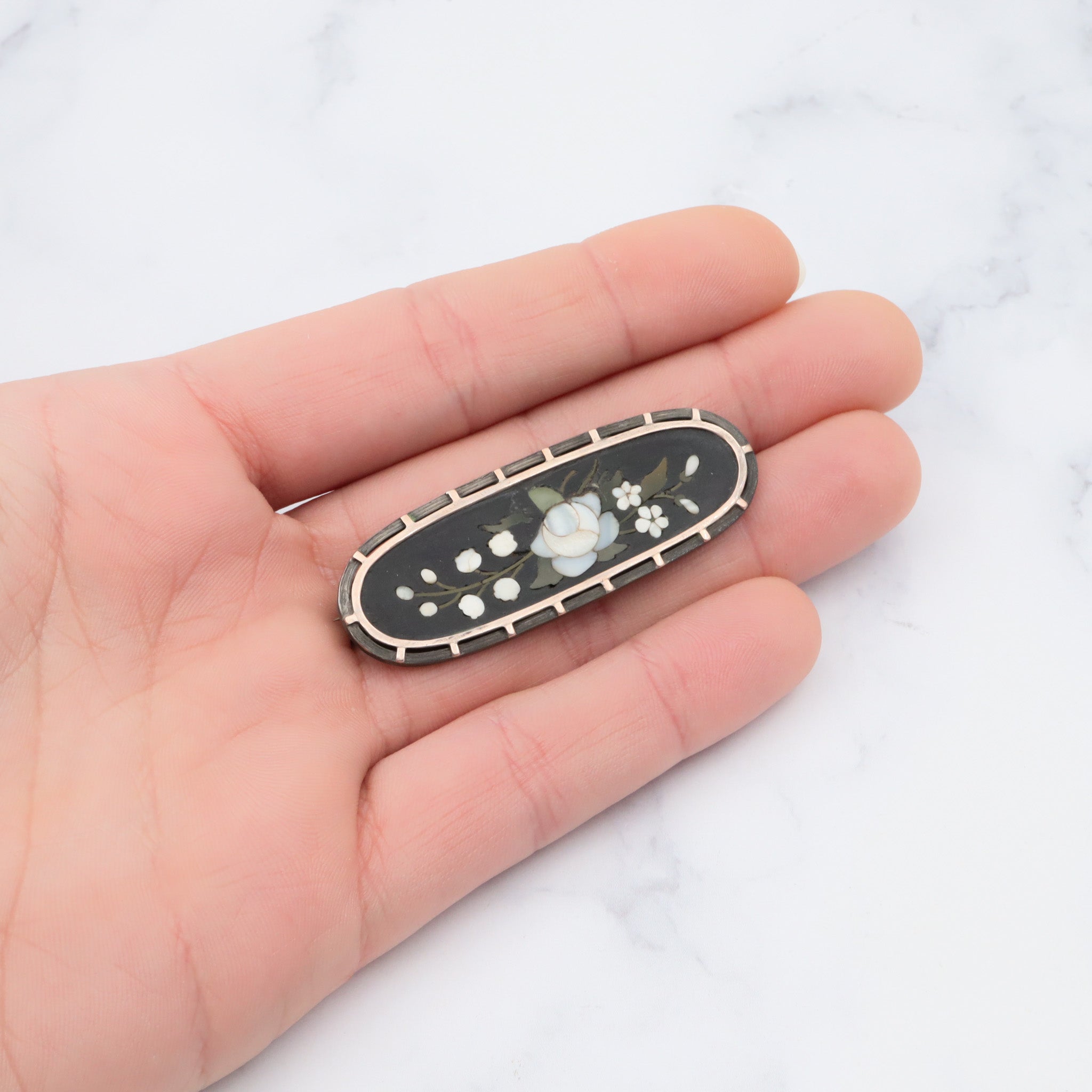 Antique victorian gold filled pietra dura oval flower brooch