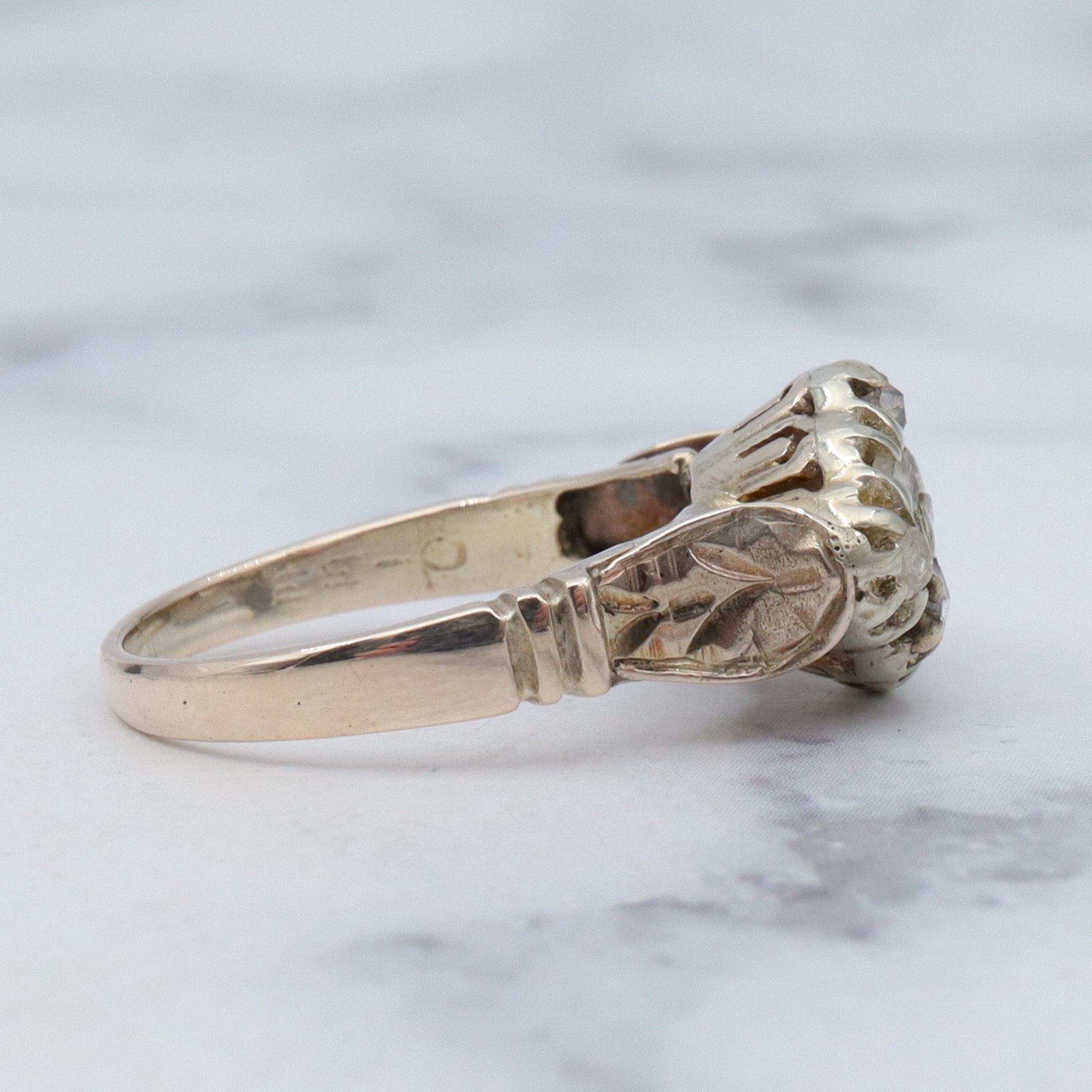 Antique Victorian white & yellow 10k gold rose cut diamond cluster ring, sz 5.75