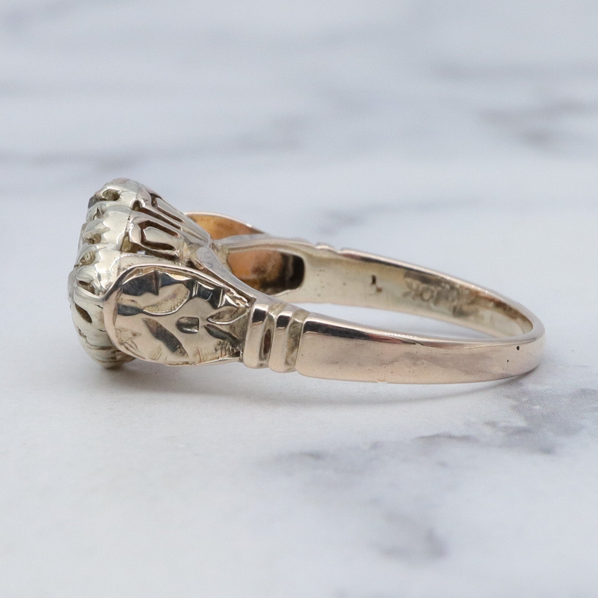 Antique Victorian white & yellow 10k gold rose cut diamond cluster ring, sz 5.75