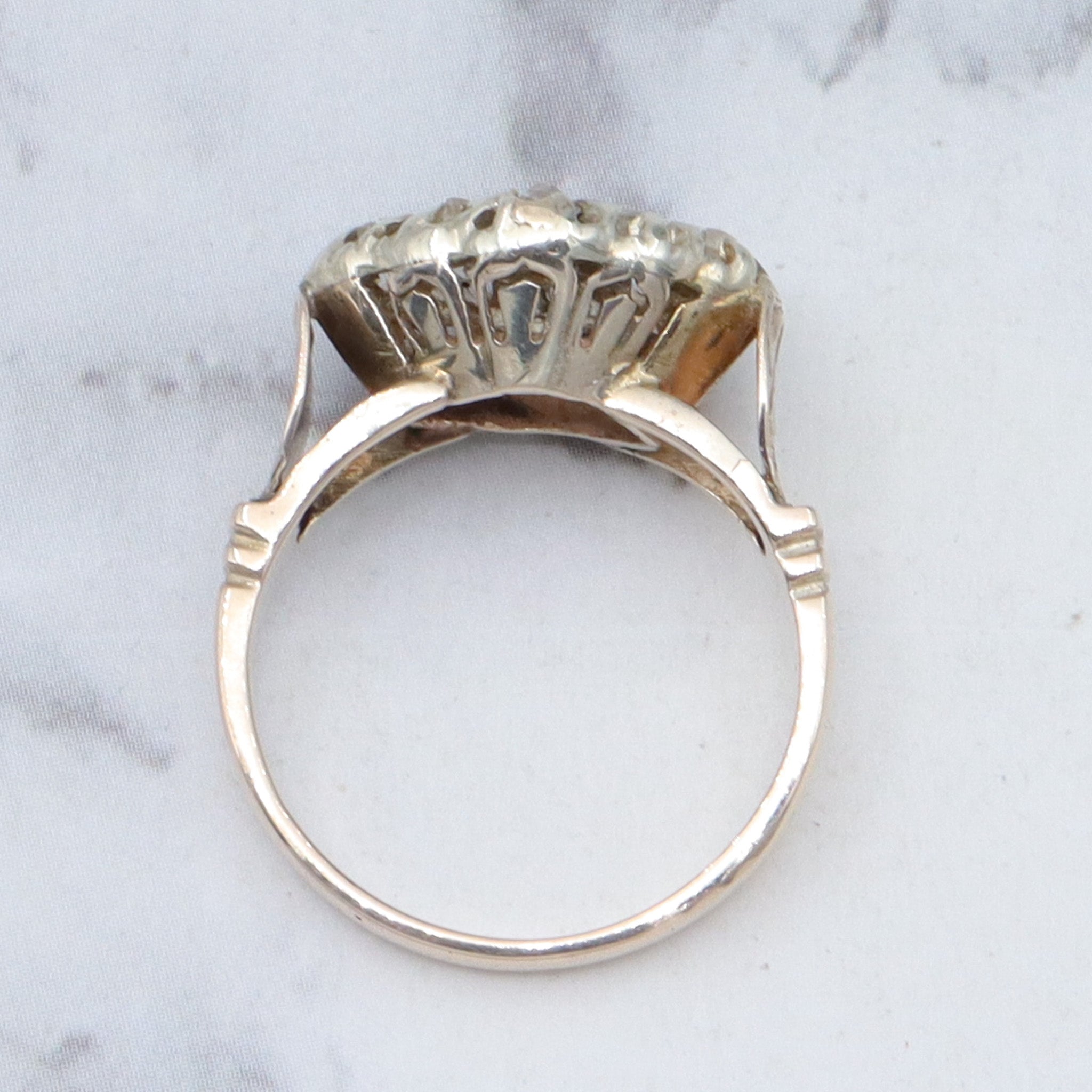 Antique Victorian white & yellow 10k gold rose cut diamond cluster ring, sz 5.75