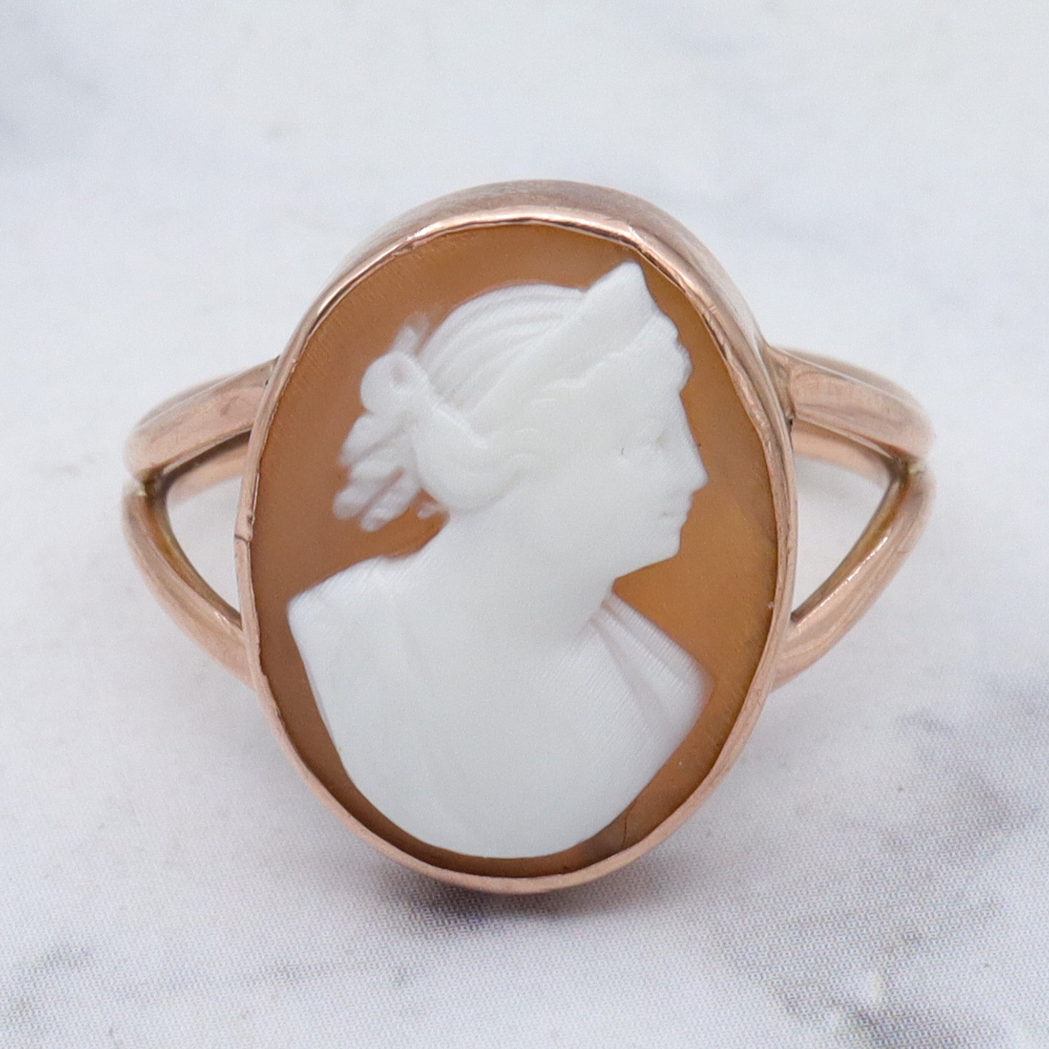 Antique Victorian 9k gold shell cameo ring, sz 6.75