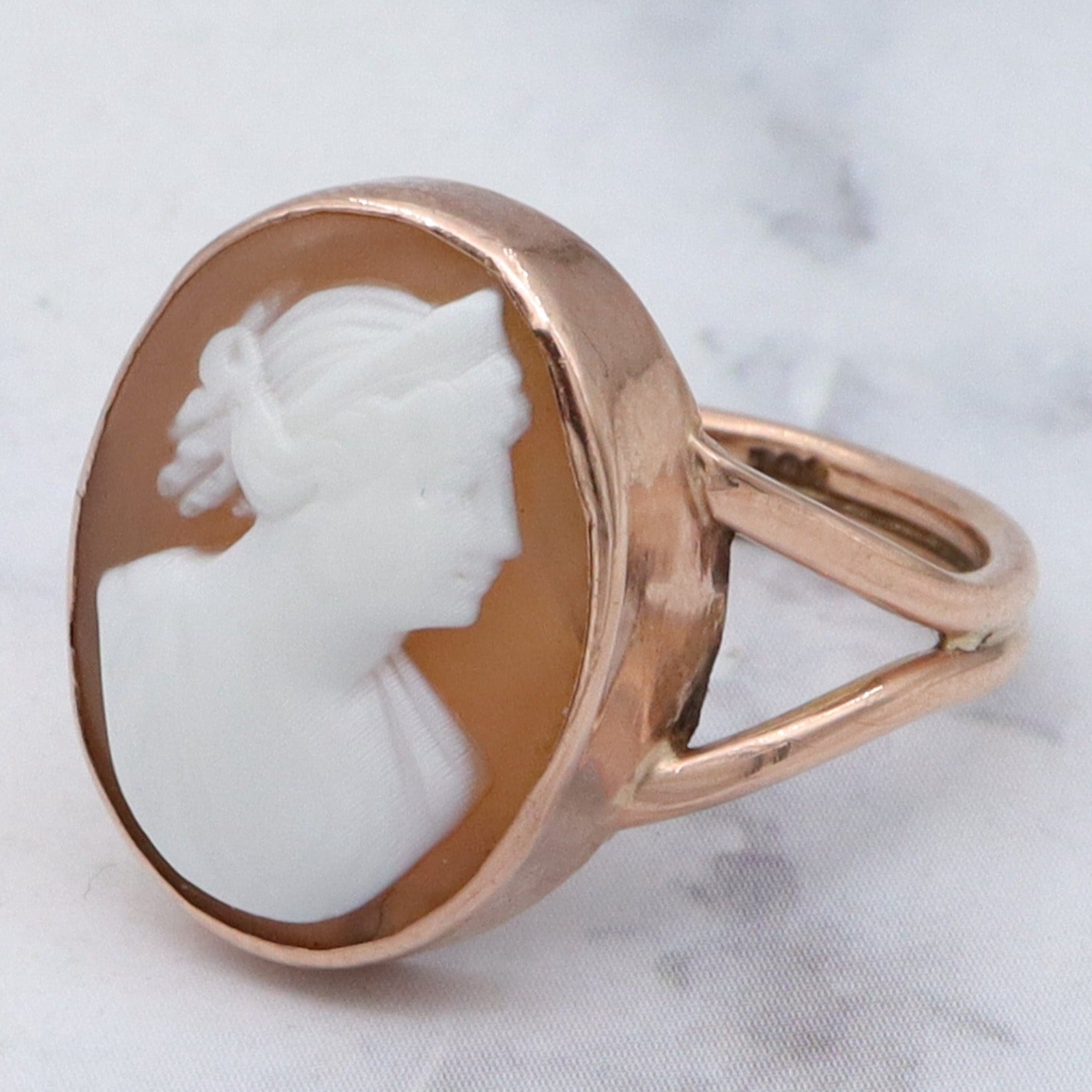 Antique Victorian 9k gold shell cameo ring, sz 6.75