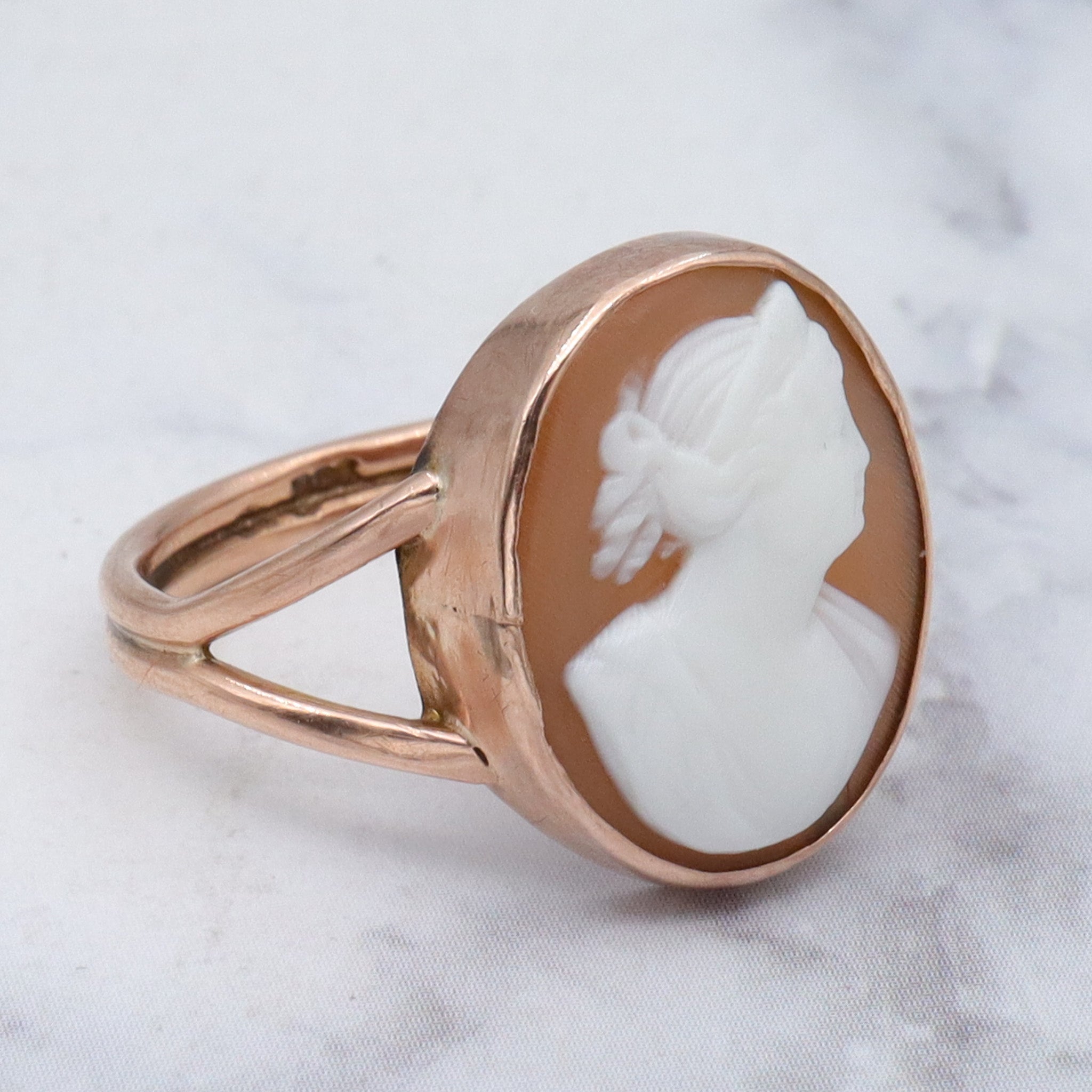 Antique Victorian 9k gold shell cameo ring, sz 6.75