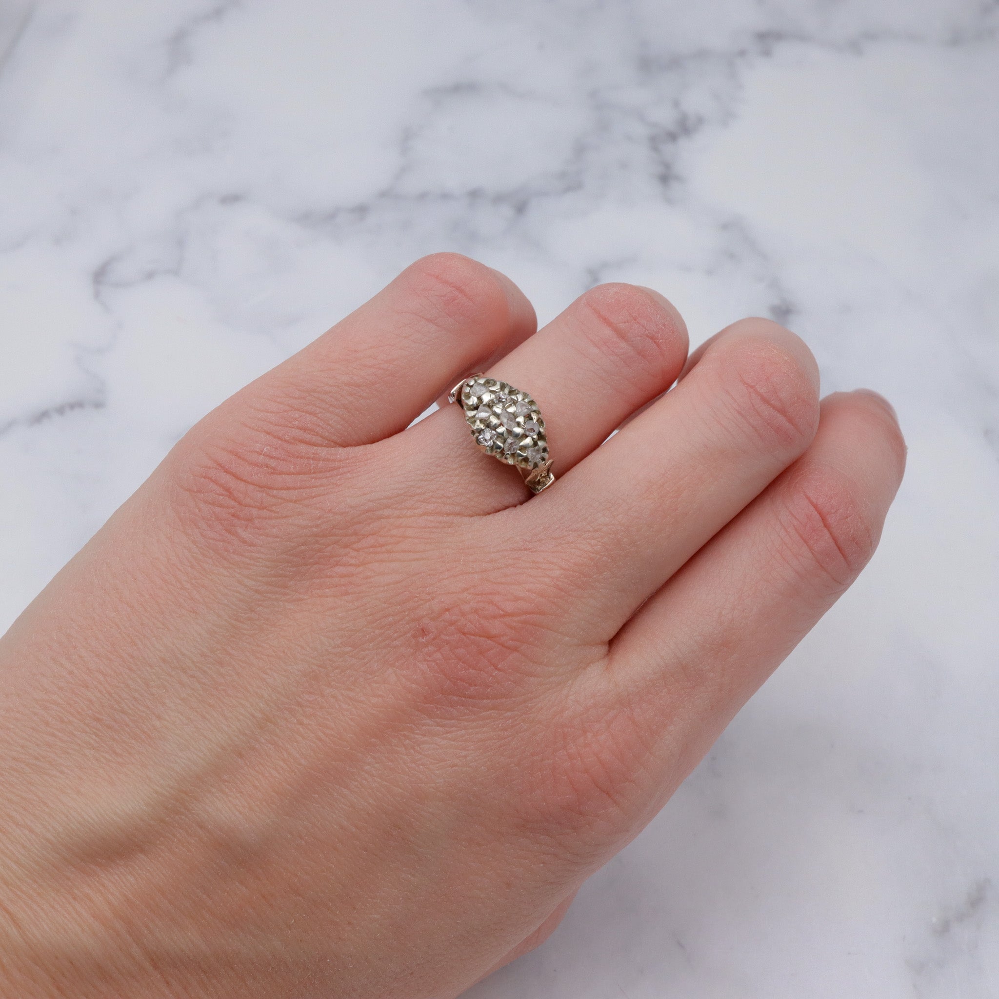 Antique Victorian white & yellow 10k gold rose cut diamond cluster ring, sz 5.75