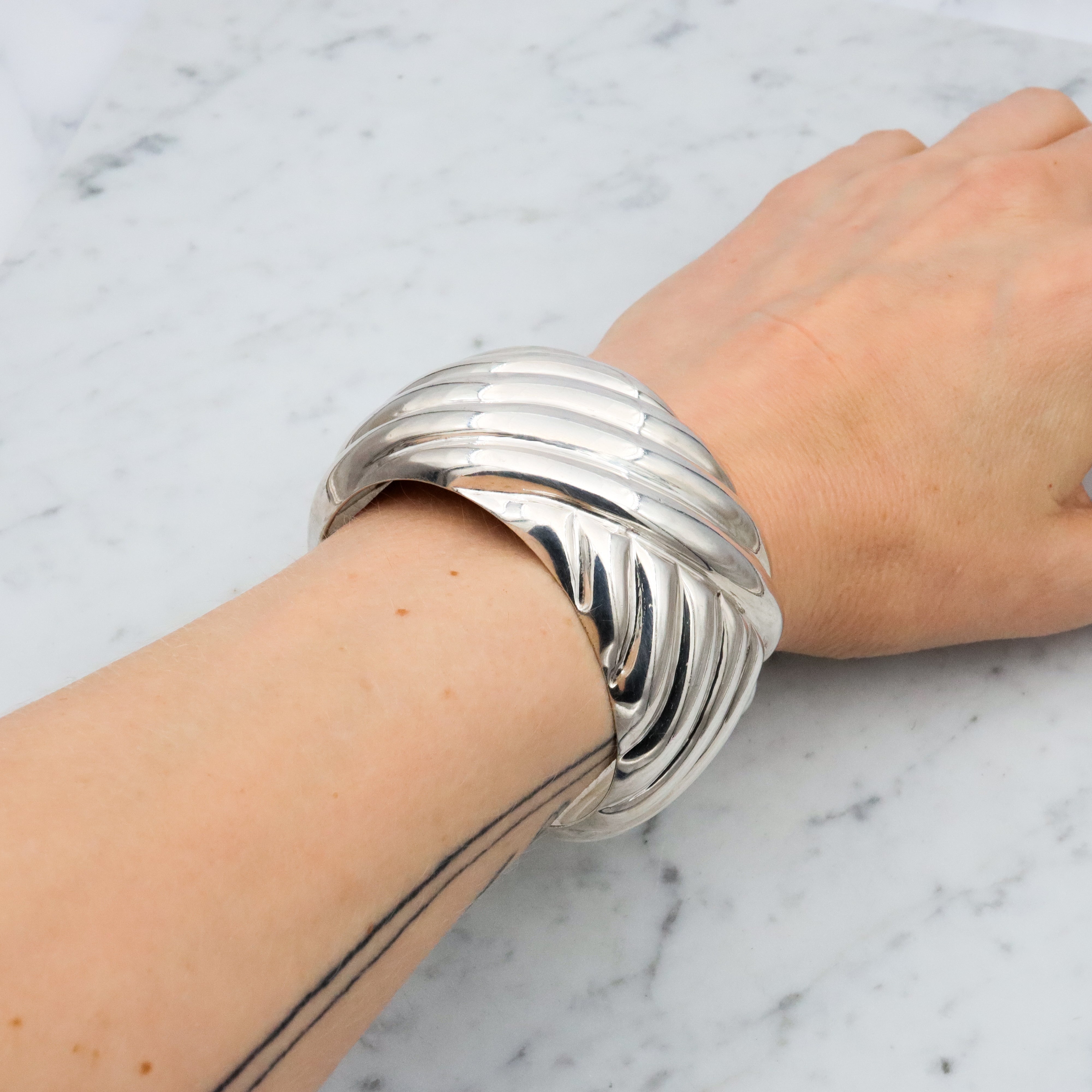 Retro Italian sterling basket weave style thick cuff bracelet