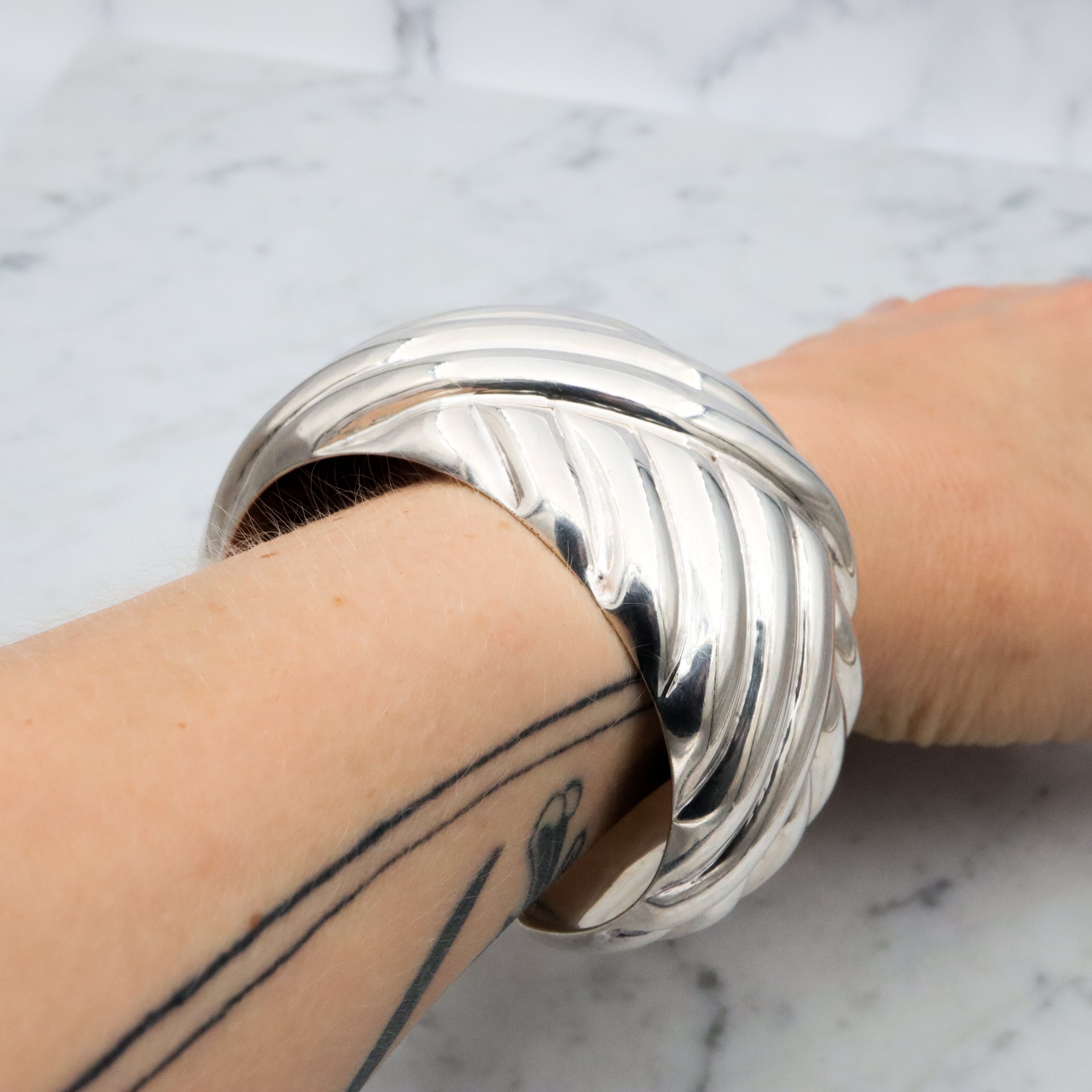 Retro Italian sterling basket weave style thick cuff bracelet