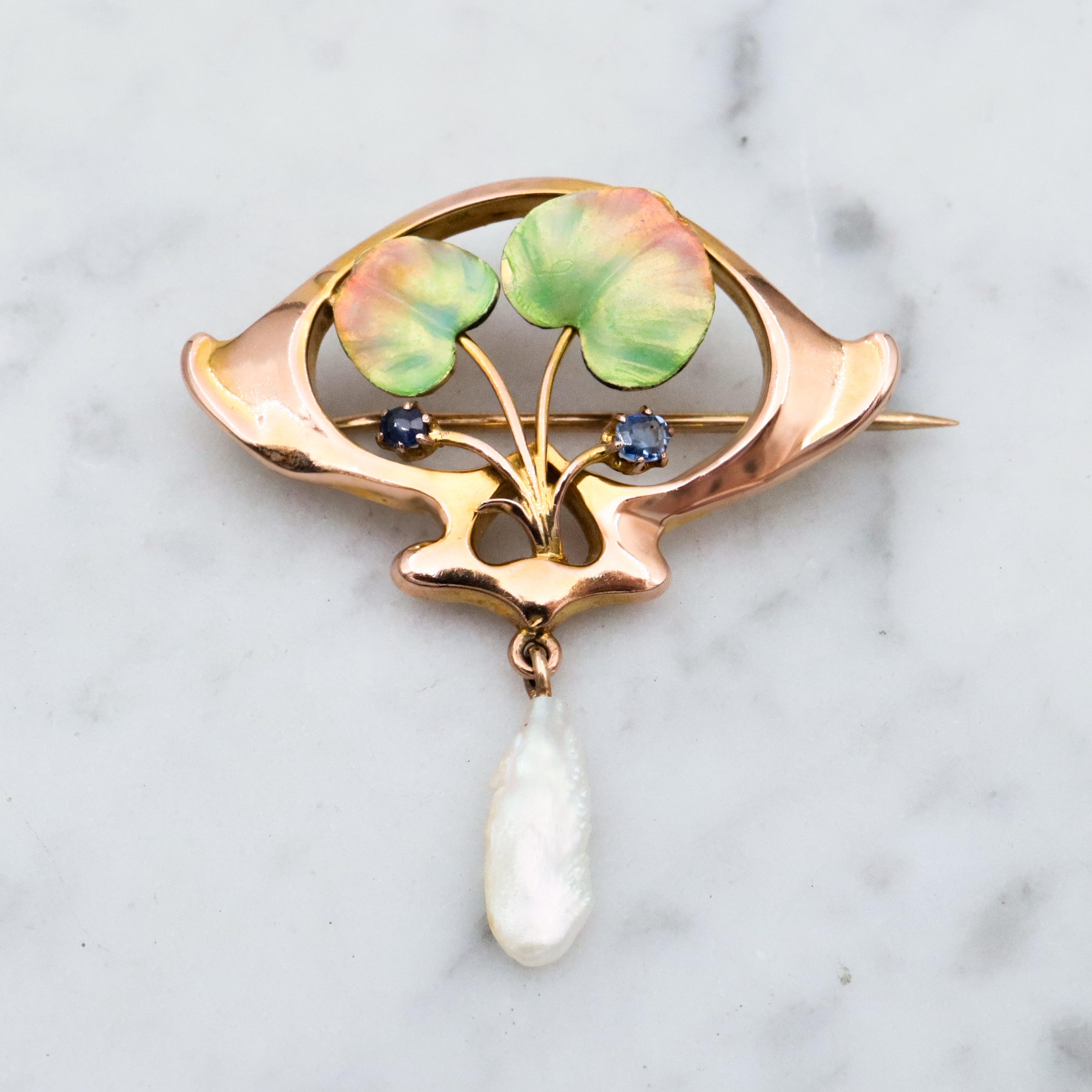 Antique Art Nouveau 9k gold enamel dogtooth pearl floral brooch