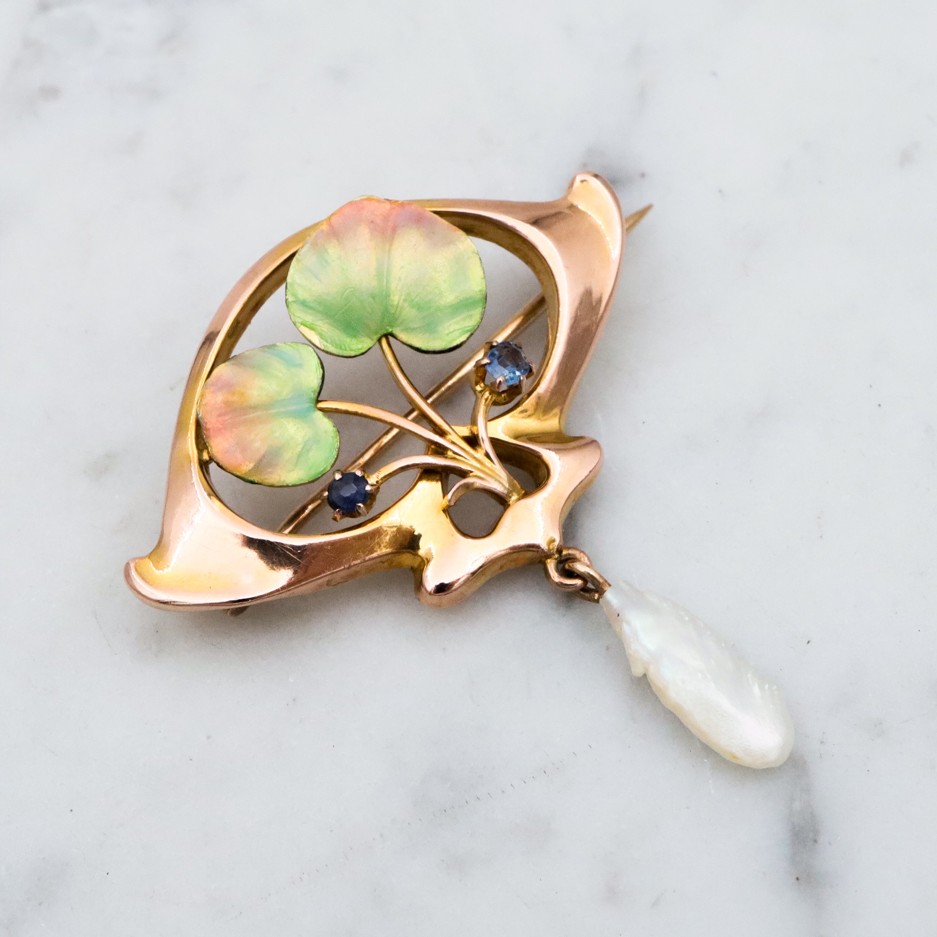 Antique Art Nouveau 9k gold enamel dogtooth pearl floral brooch