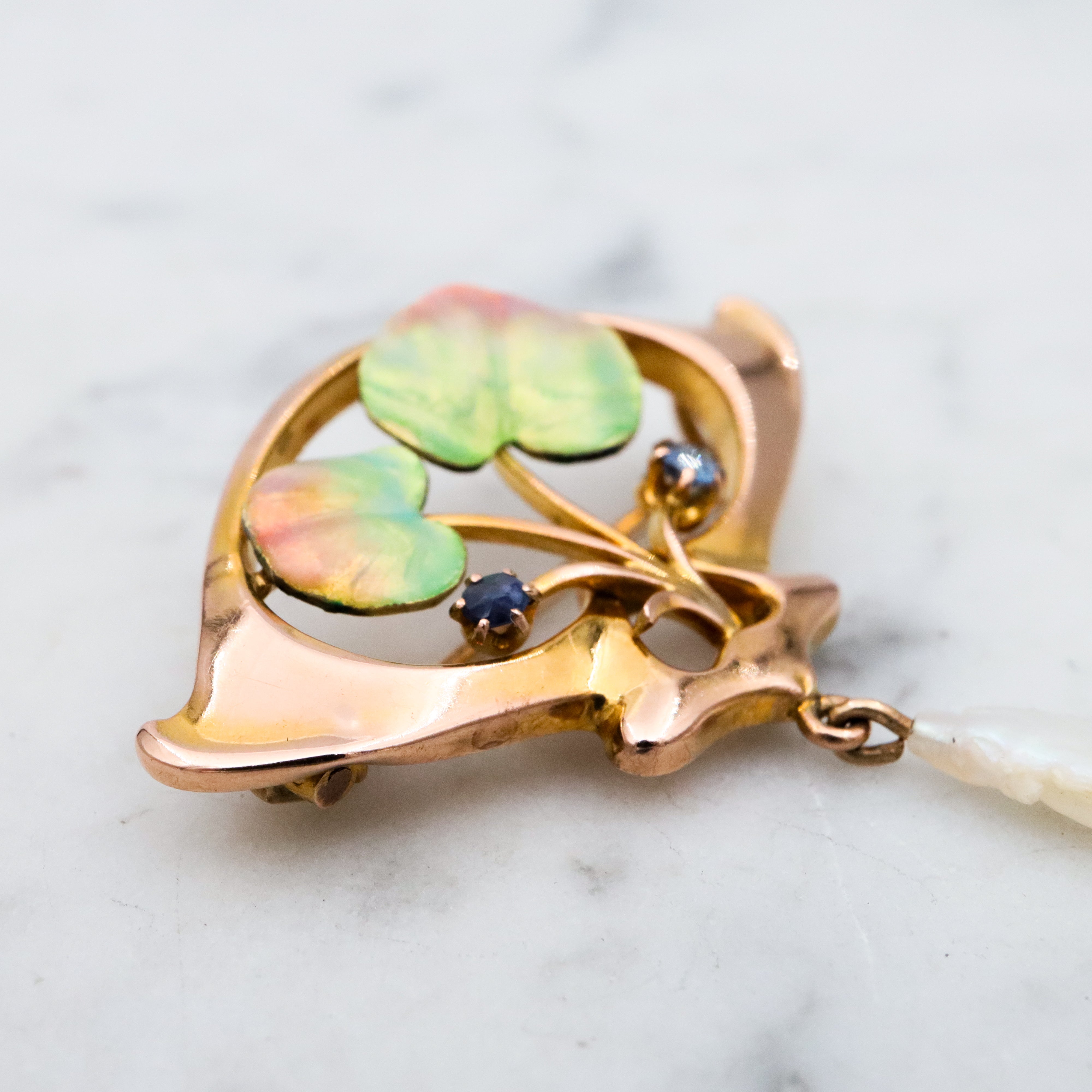 Antique Art Nouveau 9k gold enamel dogtooth pearl floral brooch