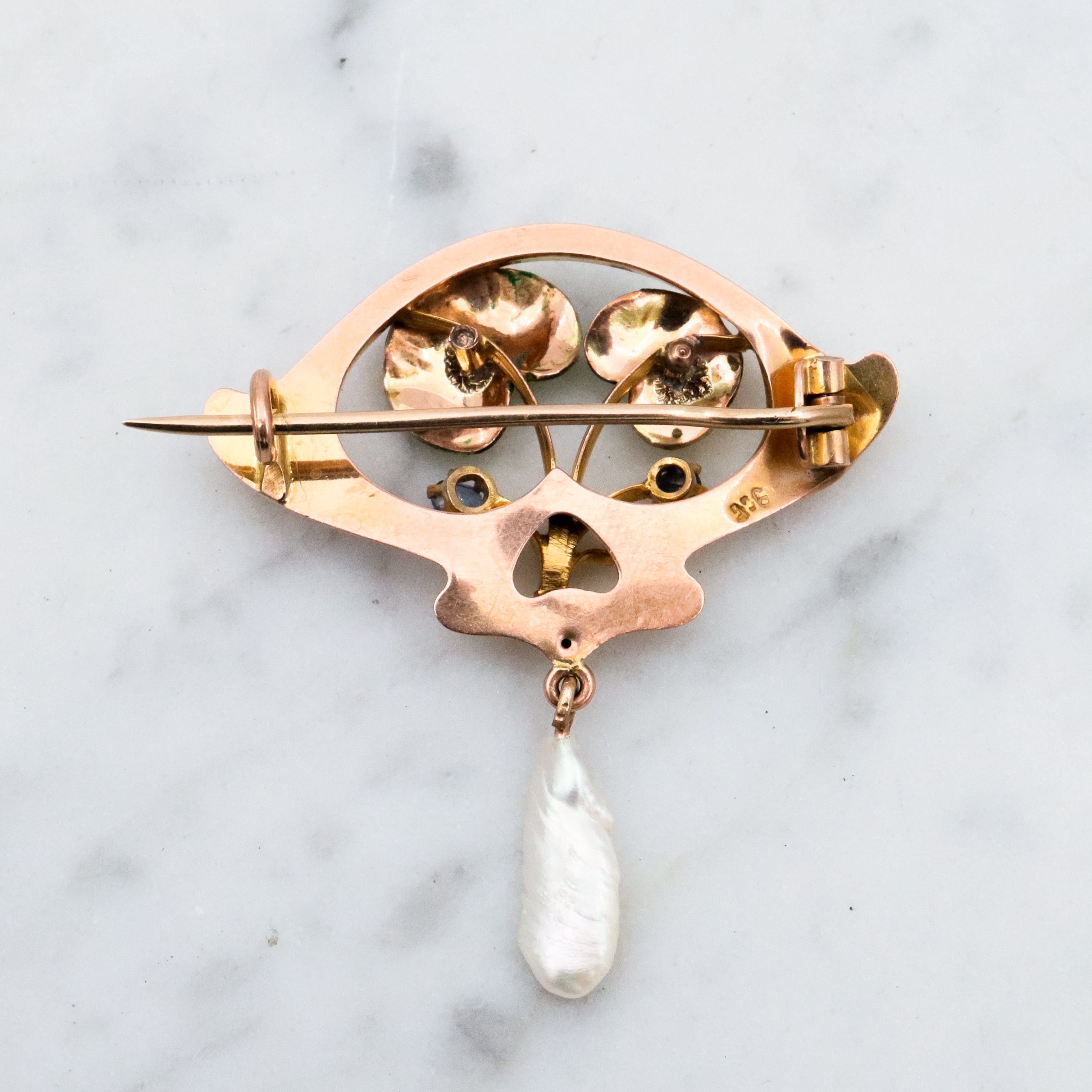 Antique Art Nouveau 9k gold enamel dogtooth pearl floral brooch