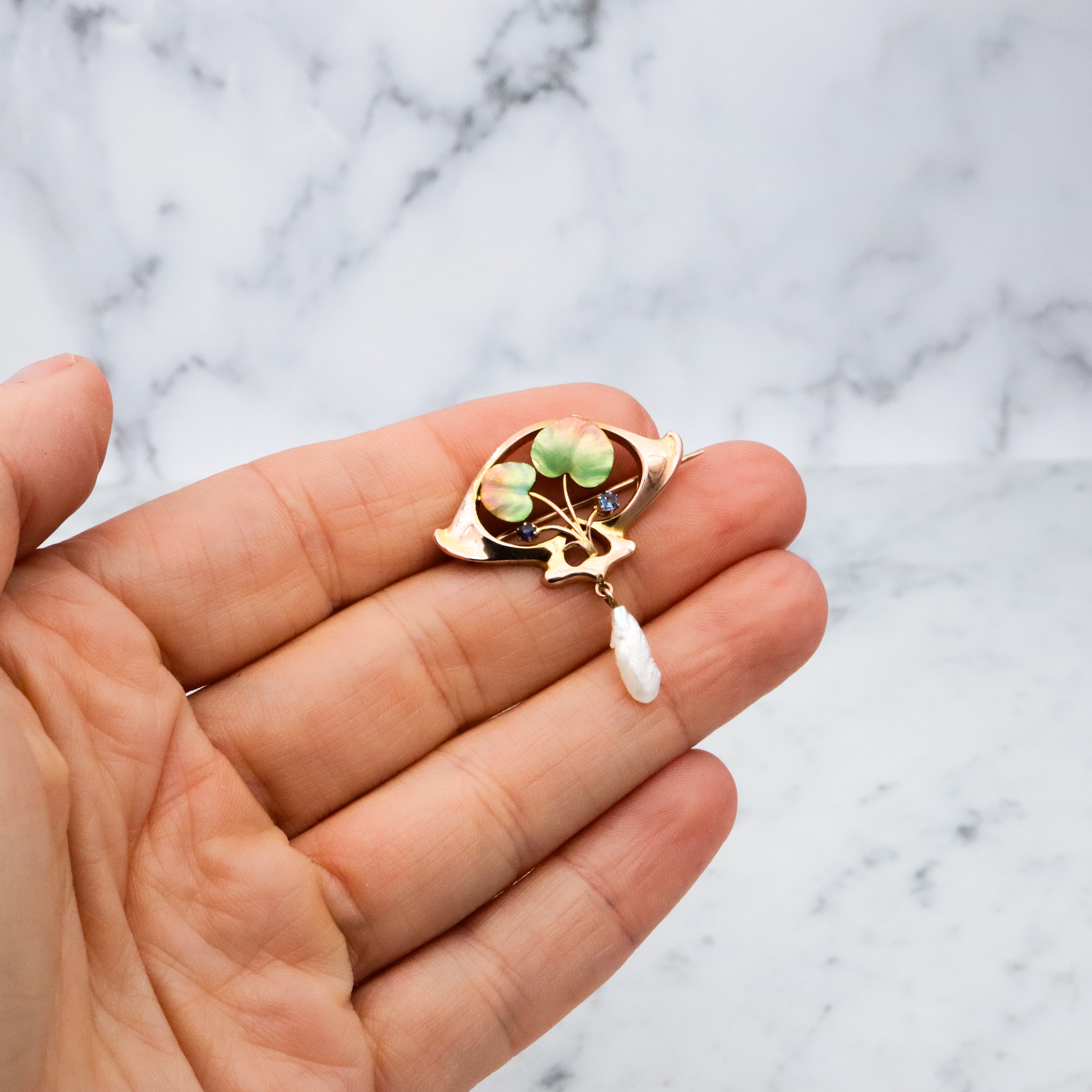 Antique Art Nouveau 9k gold enamel dogtooth pearl floral brooch