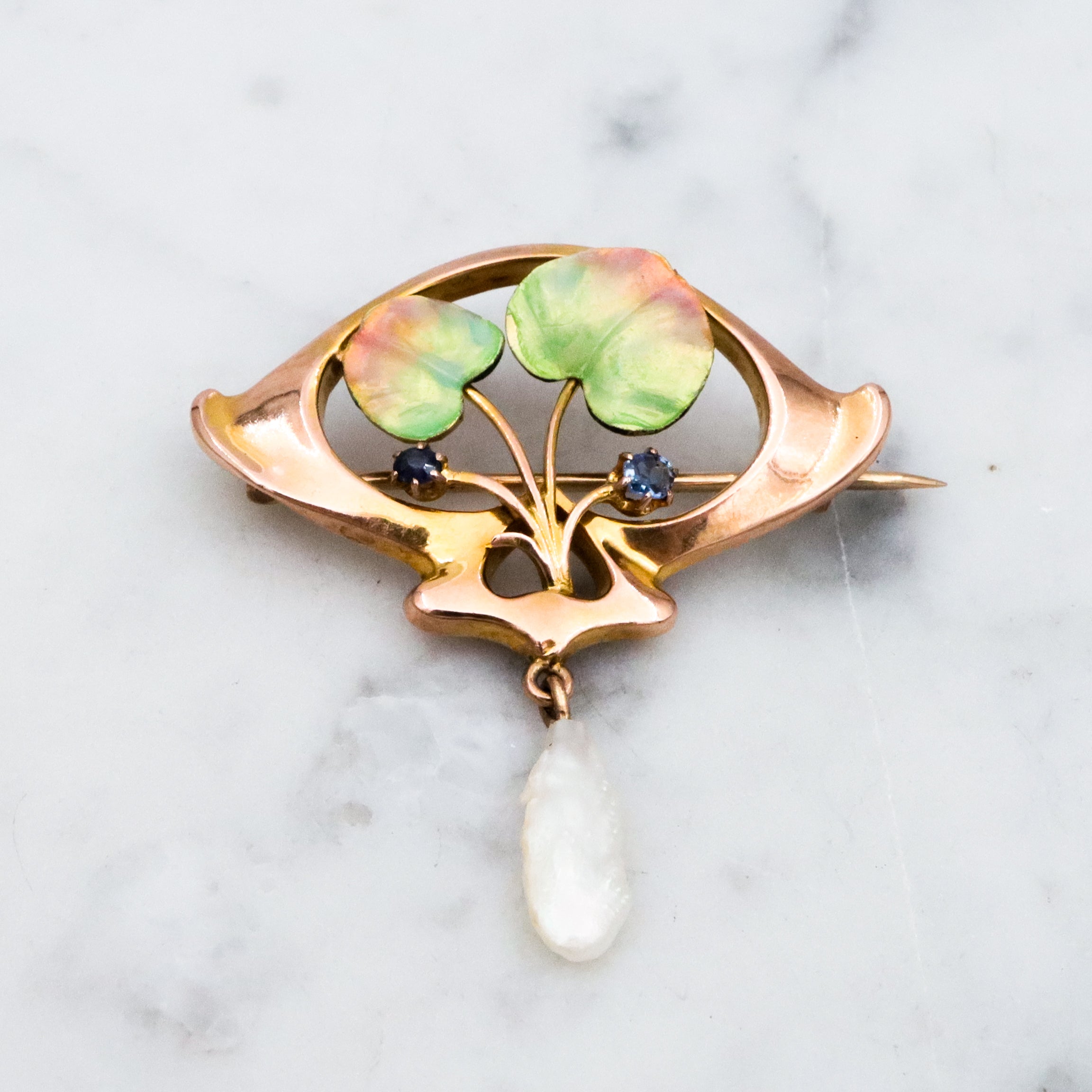 Antique Art Nouveau 9k gold enamel dogtooth pearl floral brooch