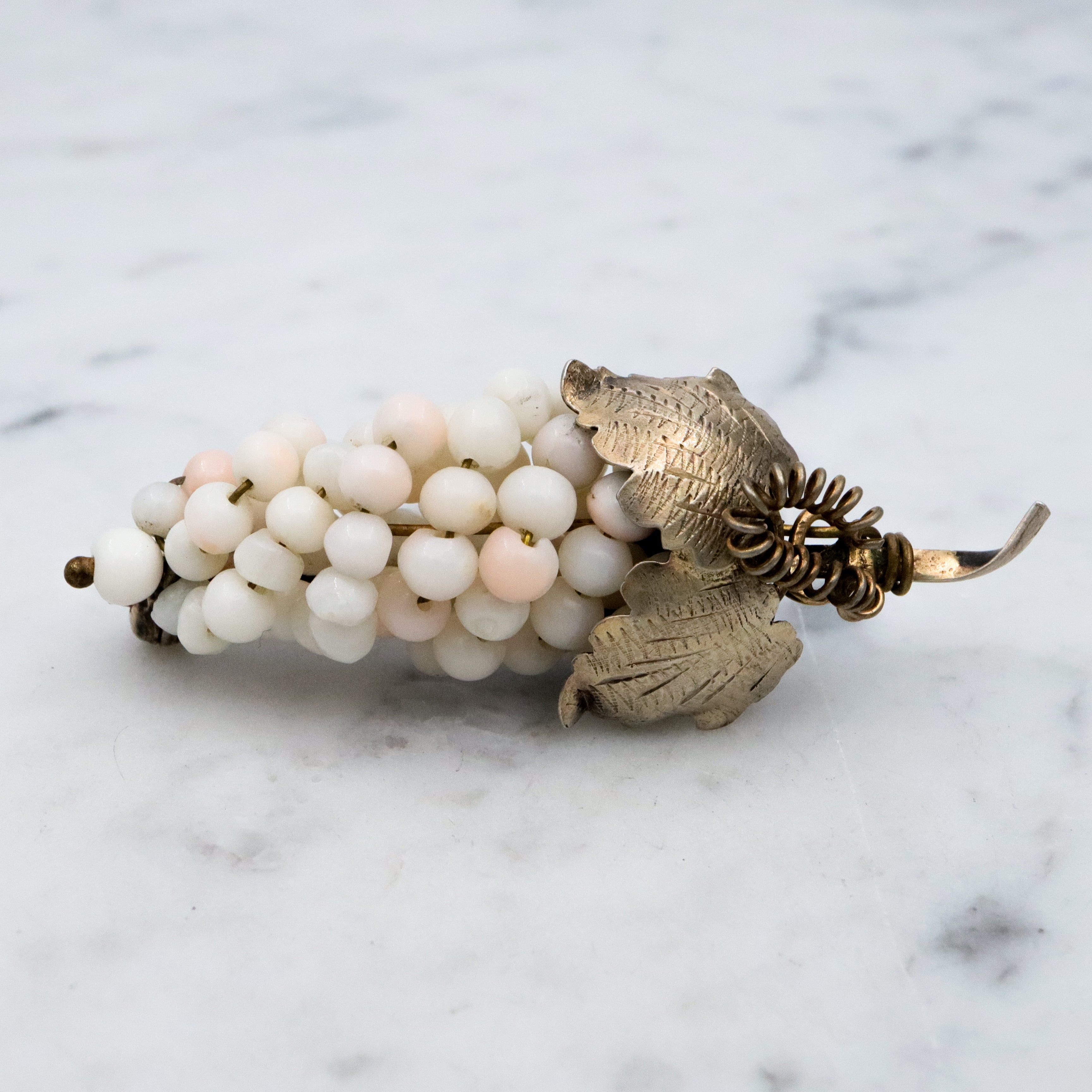 Antique .800 silver white angel skin coral bead grape bunch brooch
