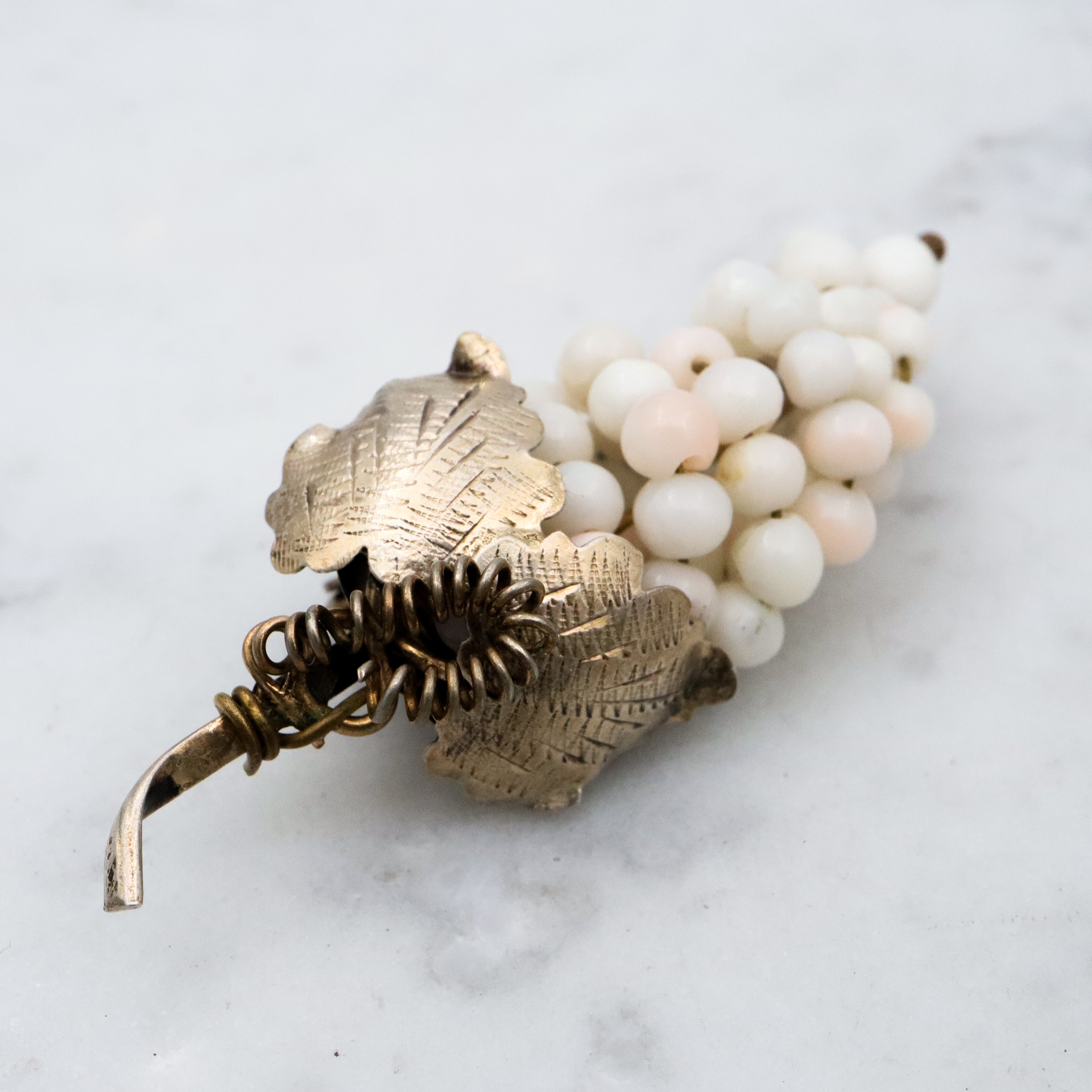 Antique .800 silver white angel skin coral bead grape bunch brooch