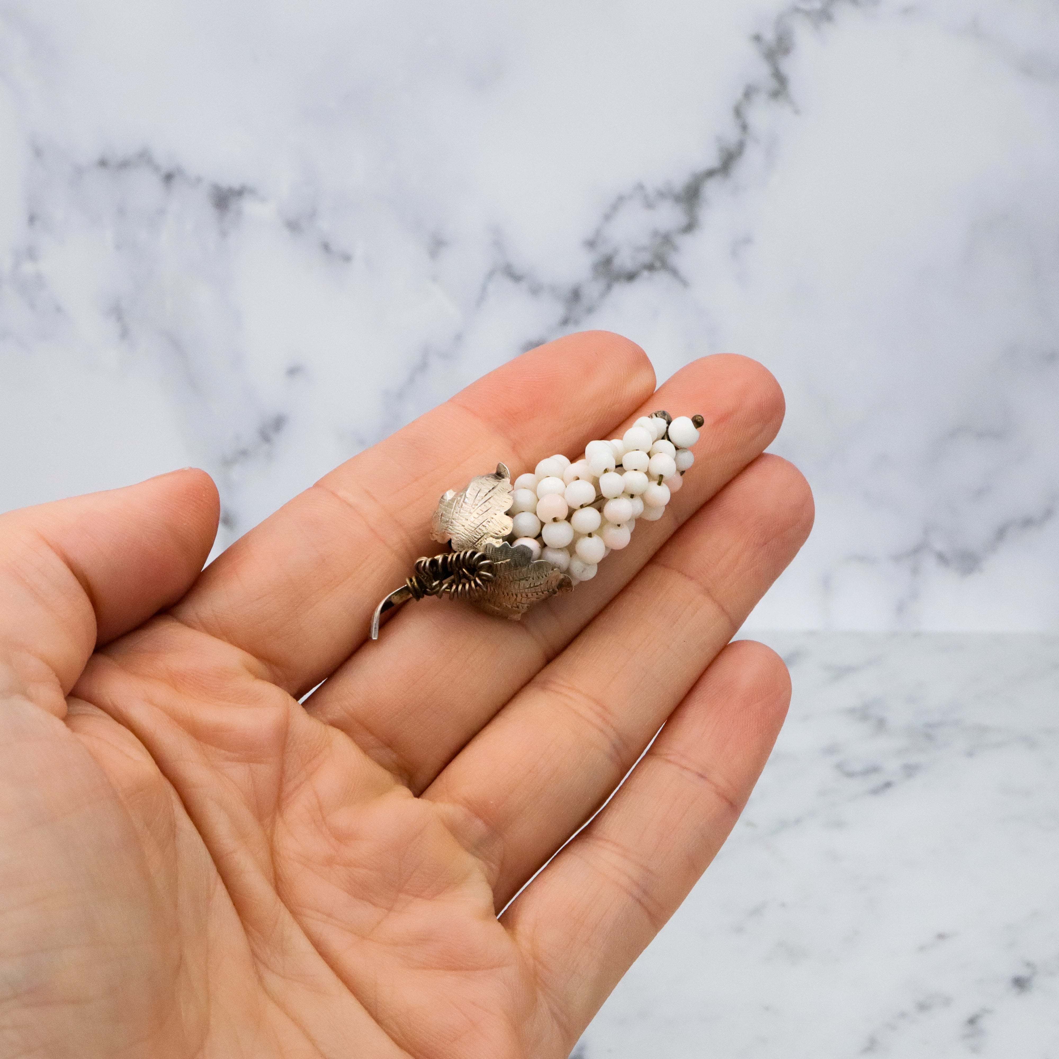 Antique .800 silver white angel skin coral bead grape bunch brooch
