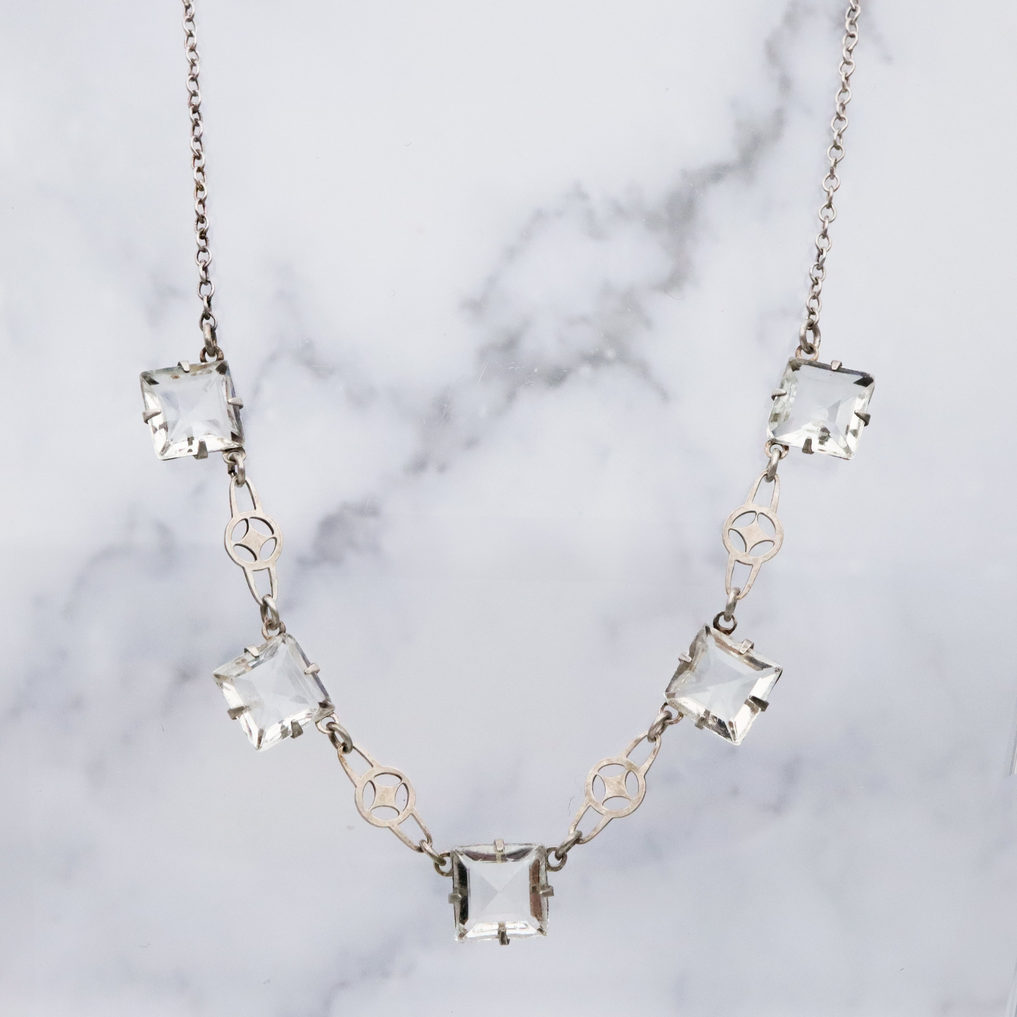 Antique Art Deco sterling block crystal open back necklace