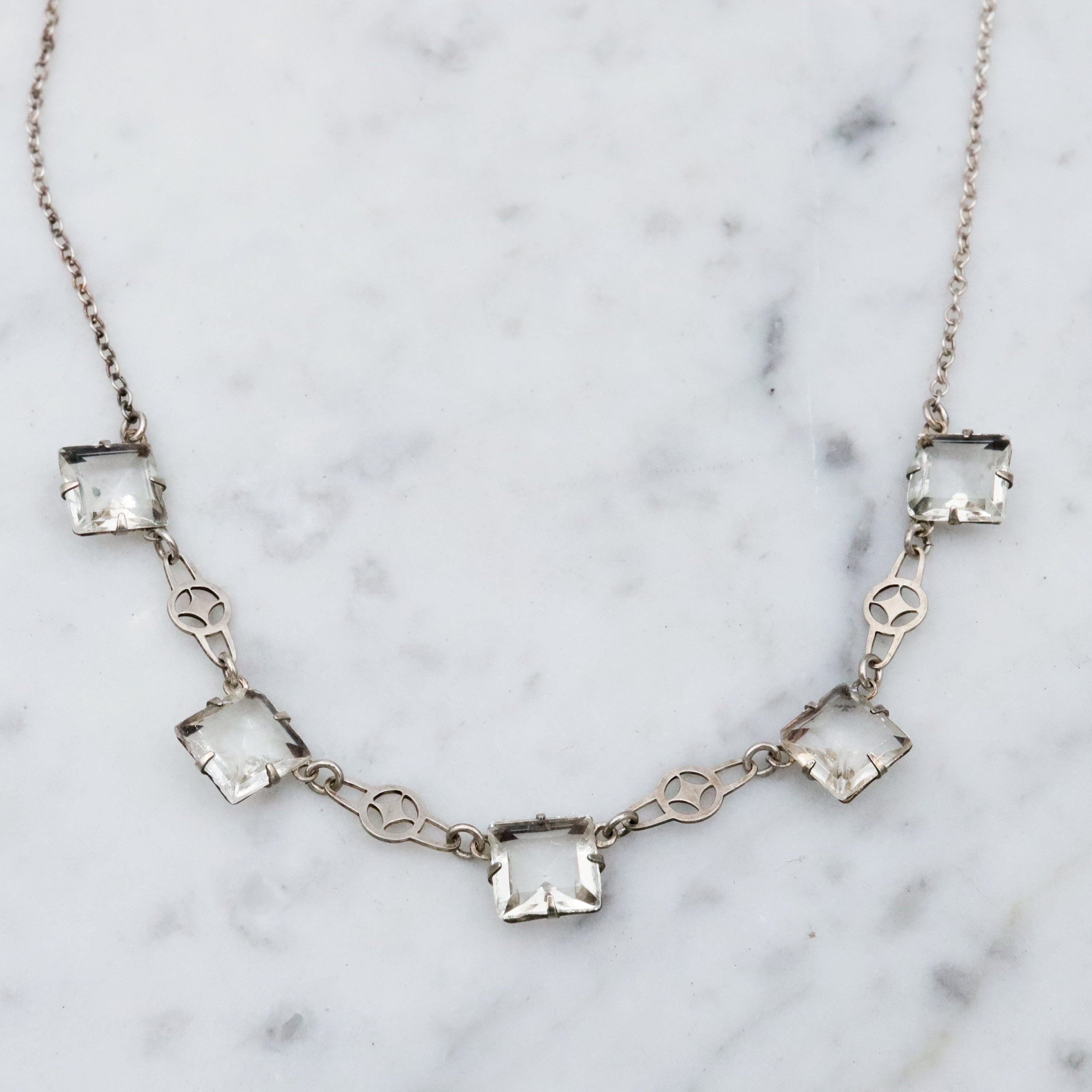 Antique Art Deco sterling block crystal open back necklace