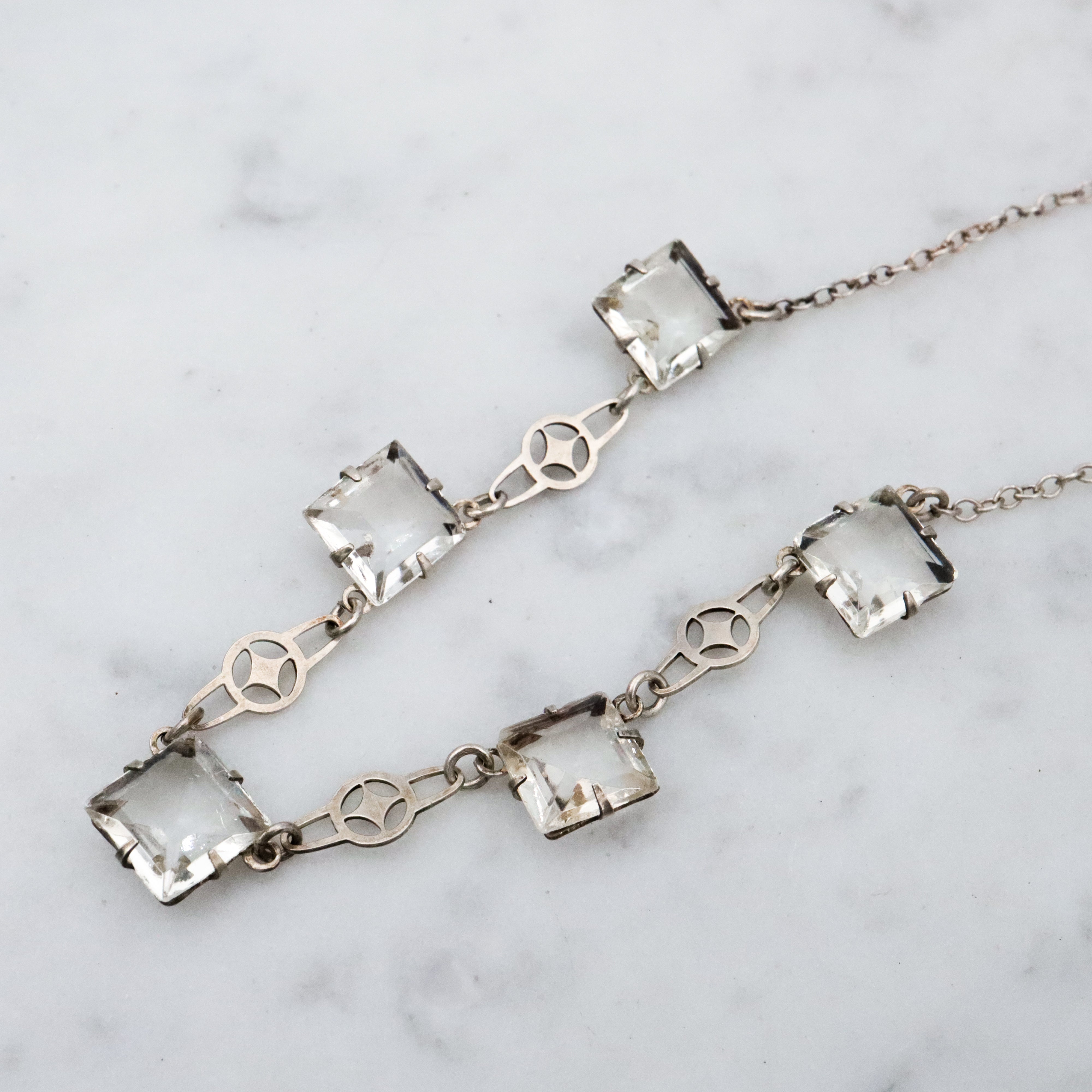 Antique Art Deco sterling block crystal open back necklace